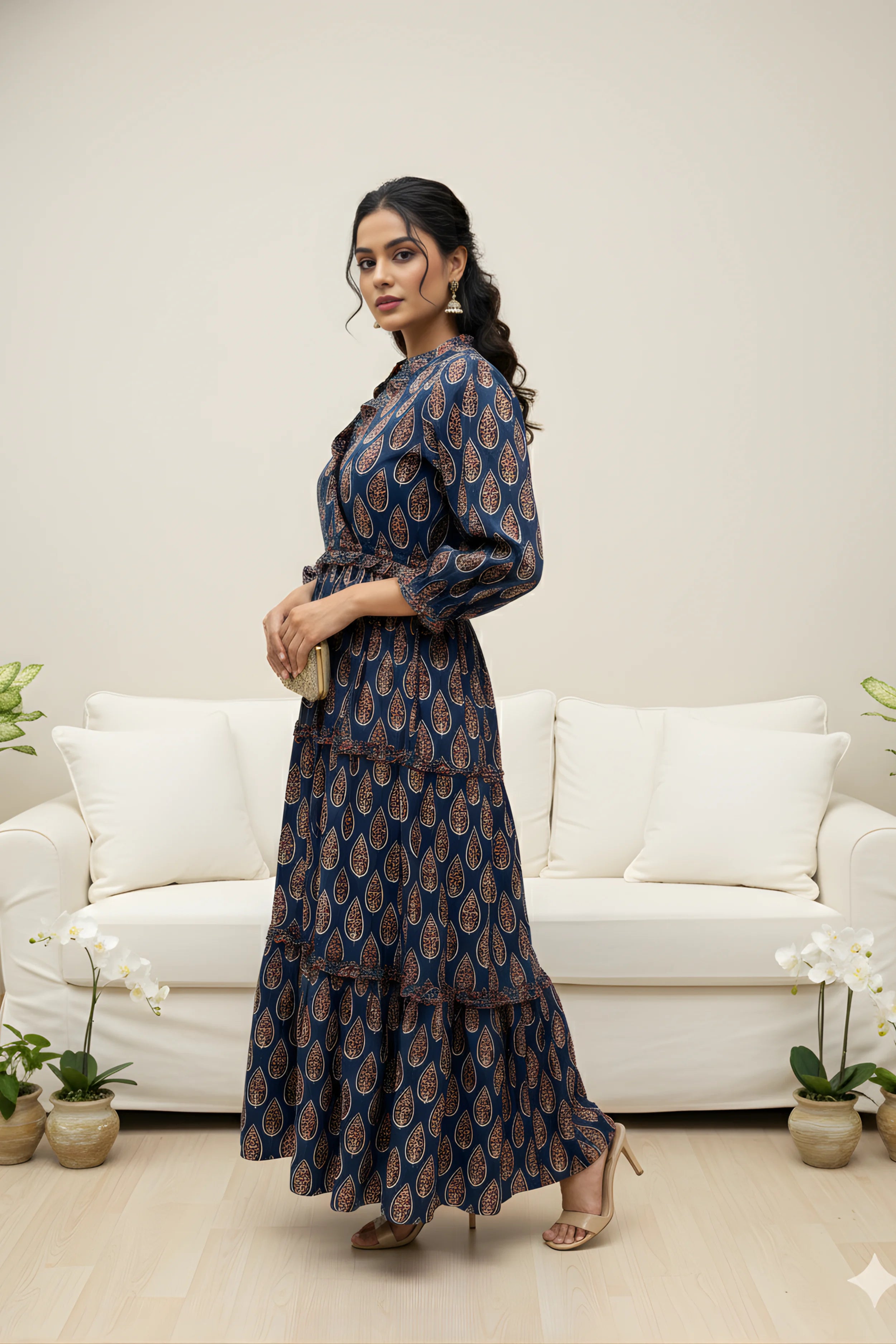 Blue Hand Printed Tiered Maxi Dress