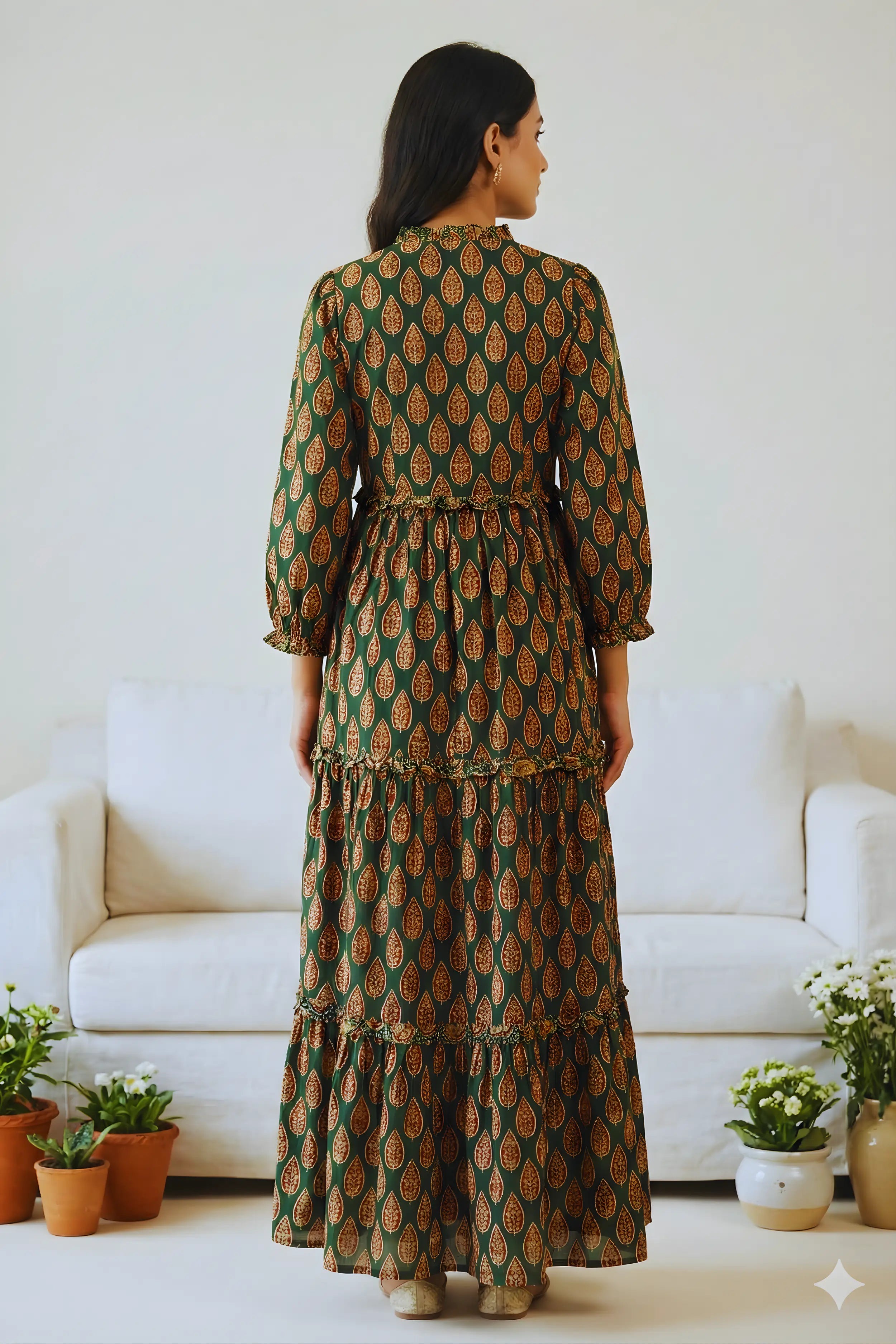 Green Hand Printed Tiered Maxi Dress
