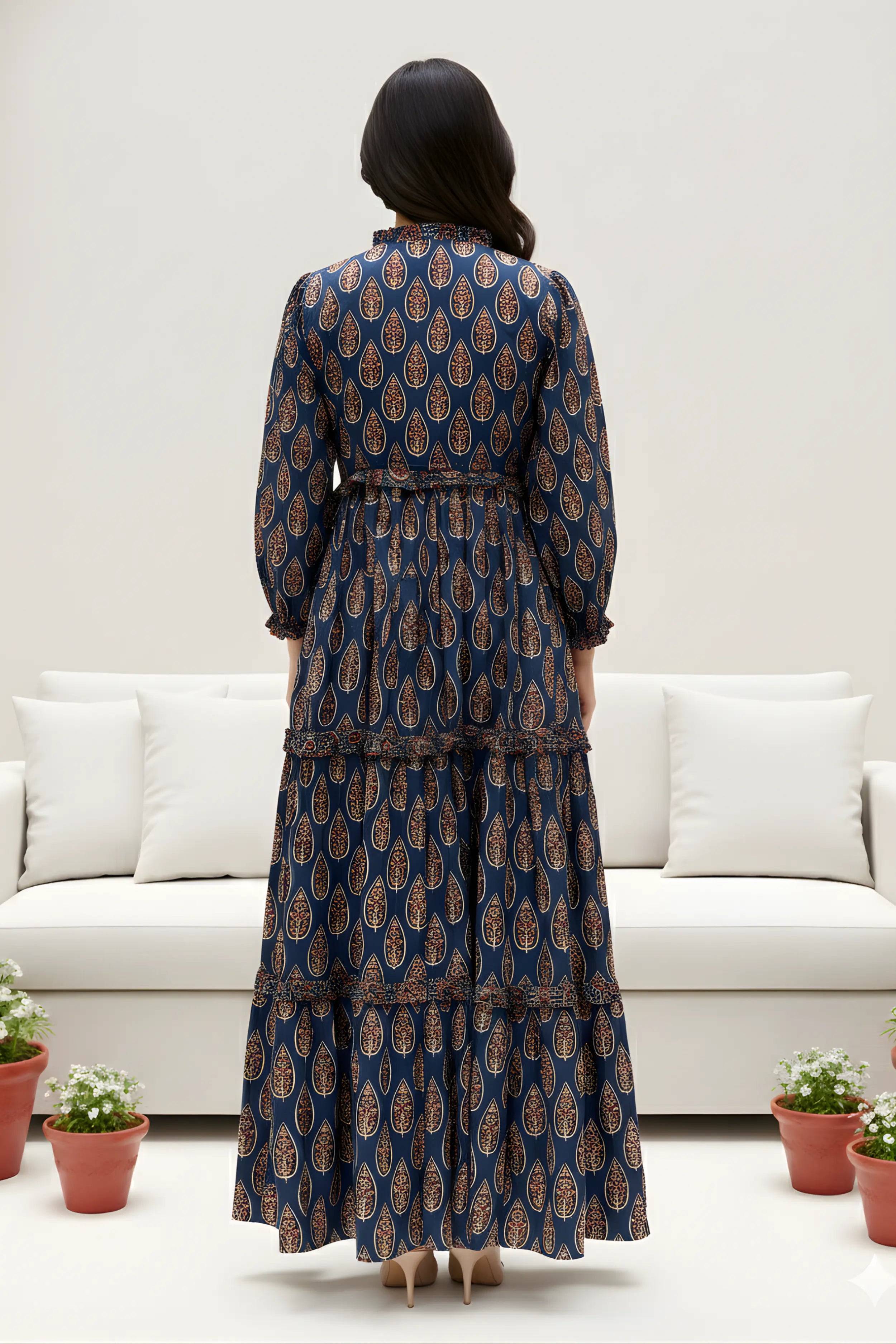 Blue Hand Printed Tiered Maxi Dress