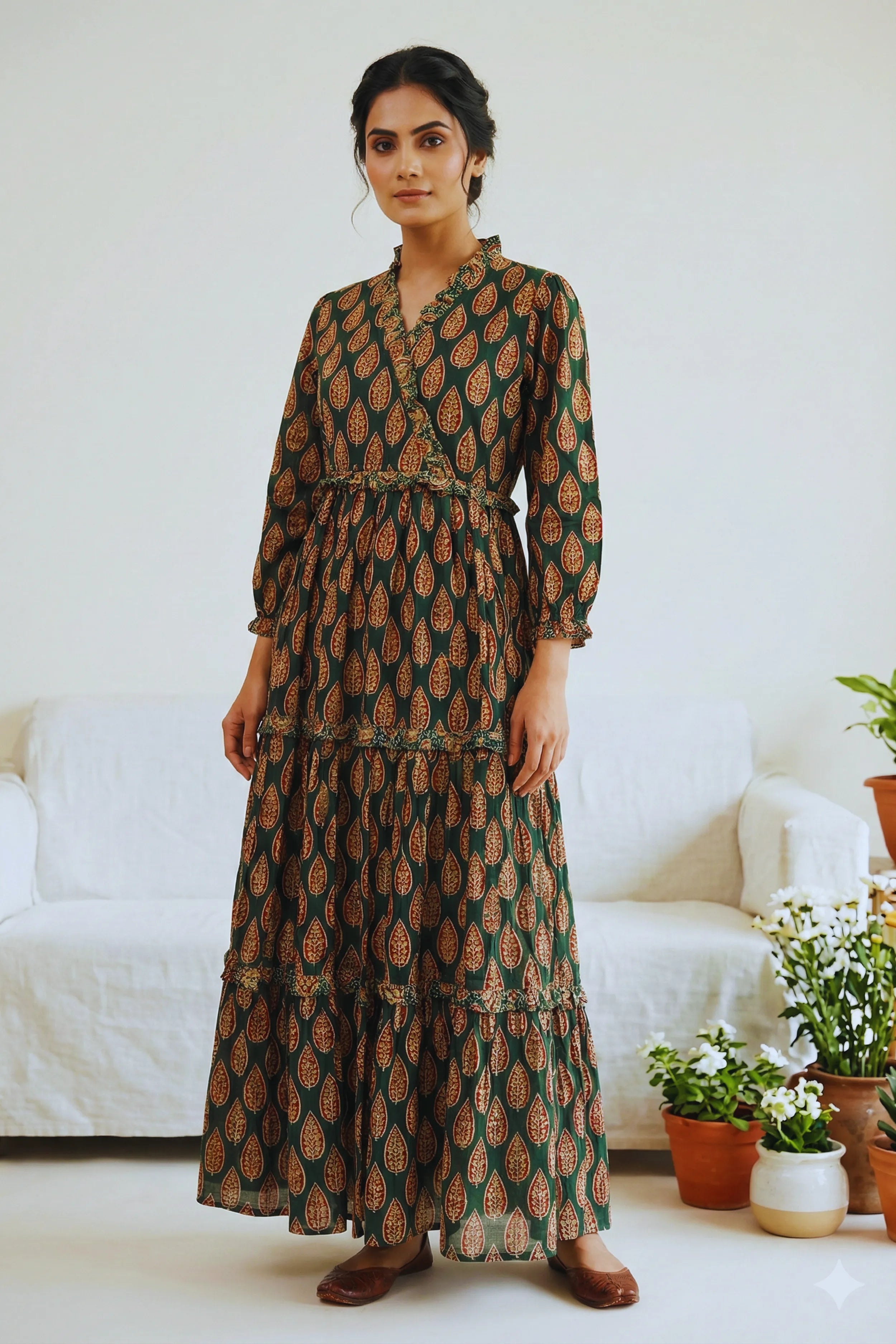 Green Hand Printed Tiered Maxi Dress