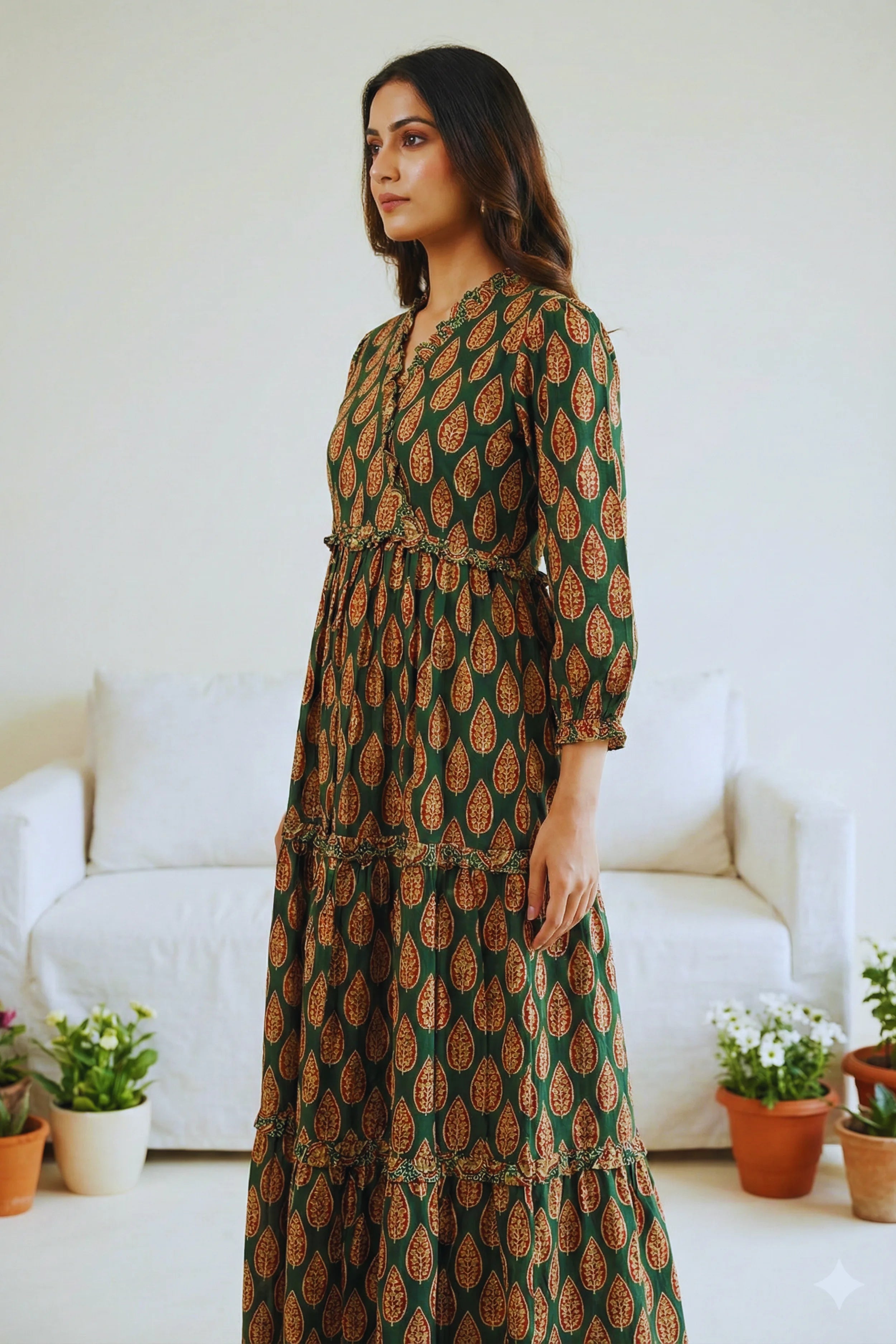 Green Hand Printed Tiered Maxi Dress
