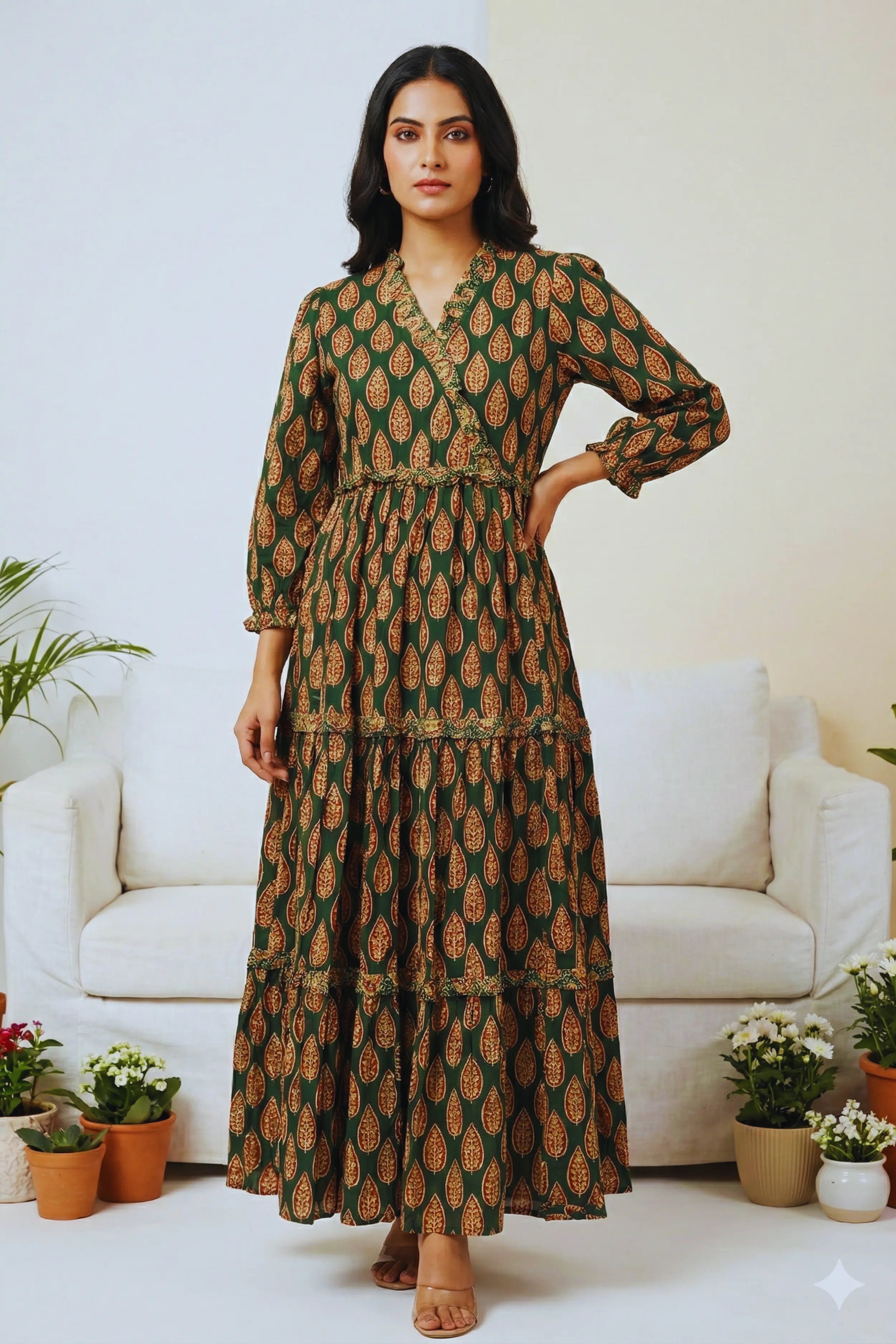 Green Hand Printed Tiered Maxi Dress