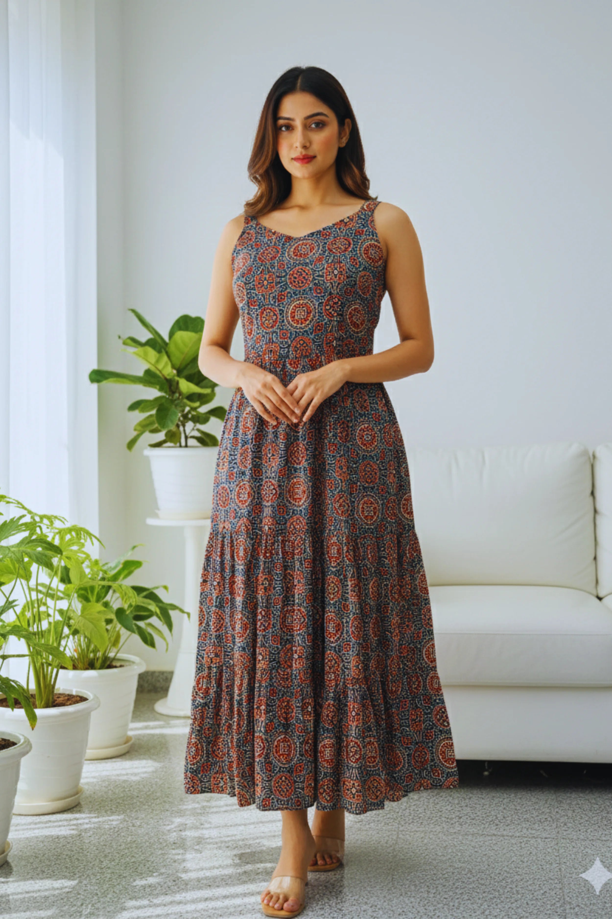 Indigo Ajrak Printed cotton Sleeveless Flared Dress