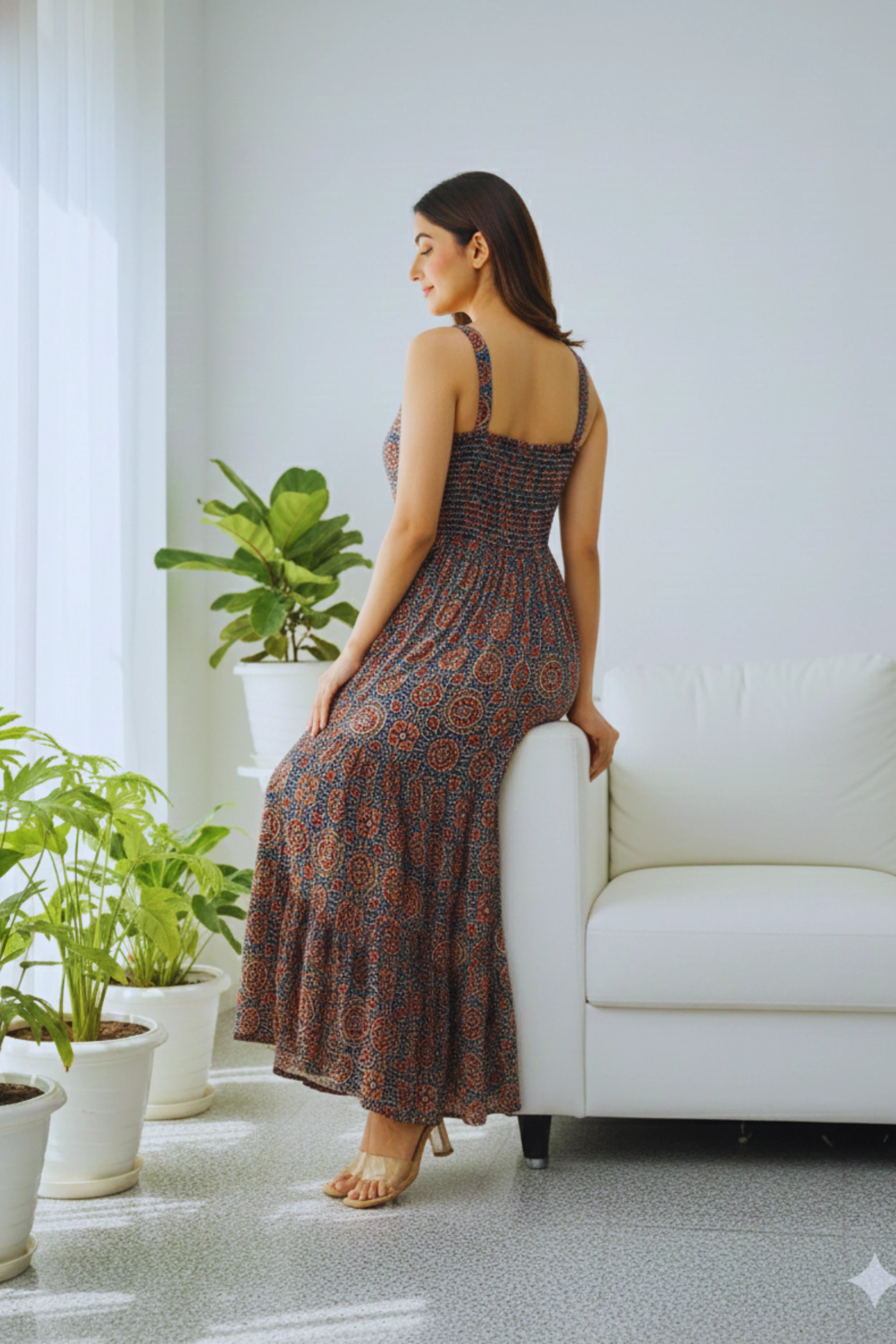 Indigo Ajrak Printed cotton Sleeveless Flared Dress