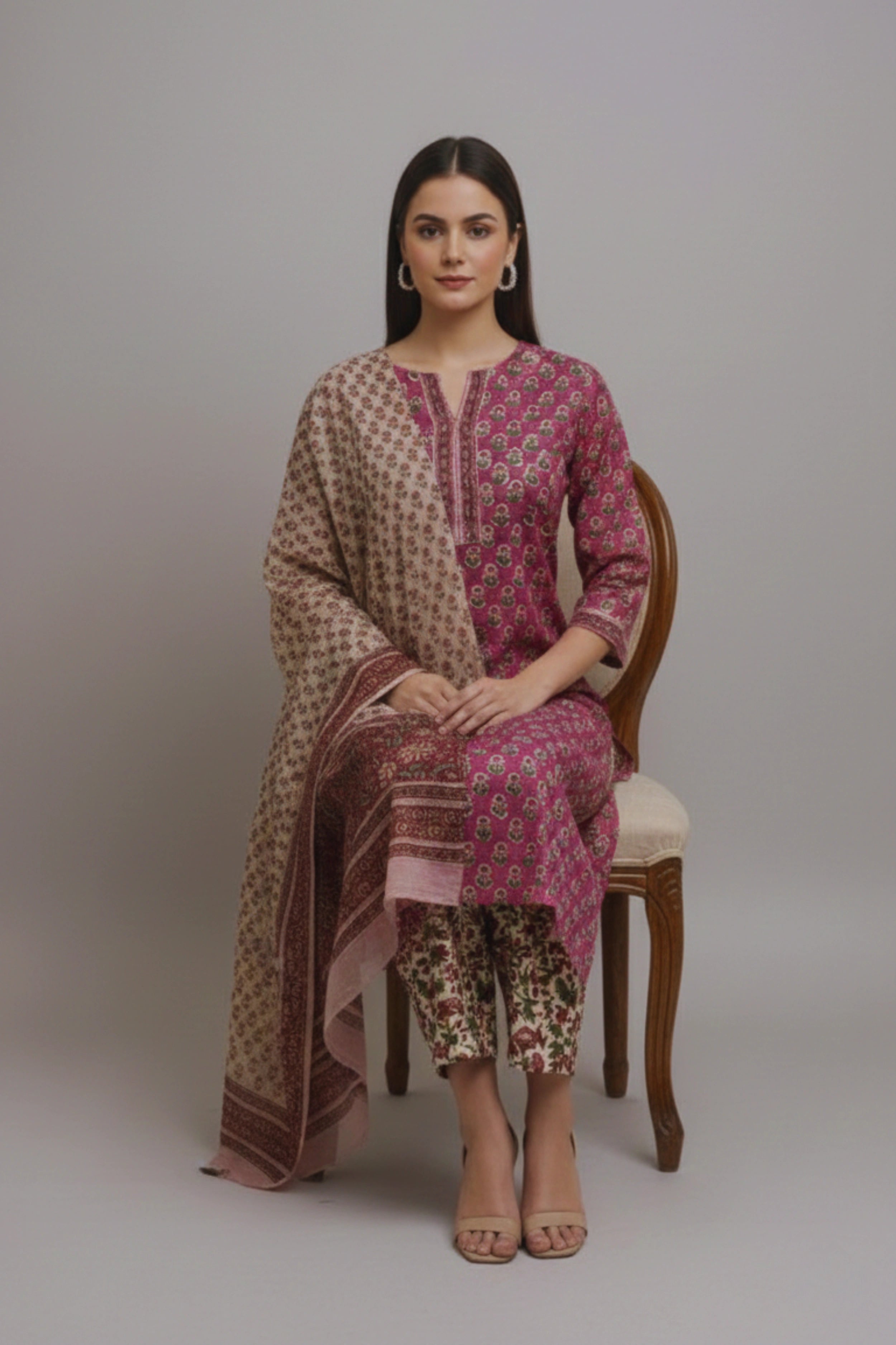 Rust Hand Block Printed Straight cotton Kurta Set With Dupatta