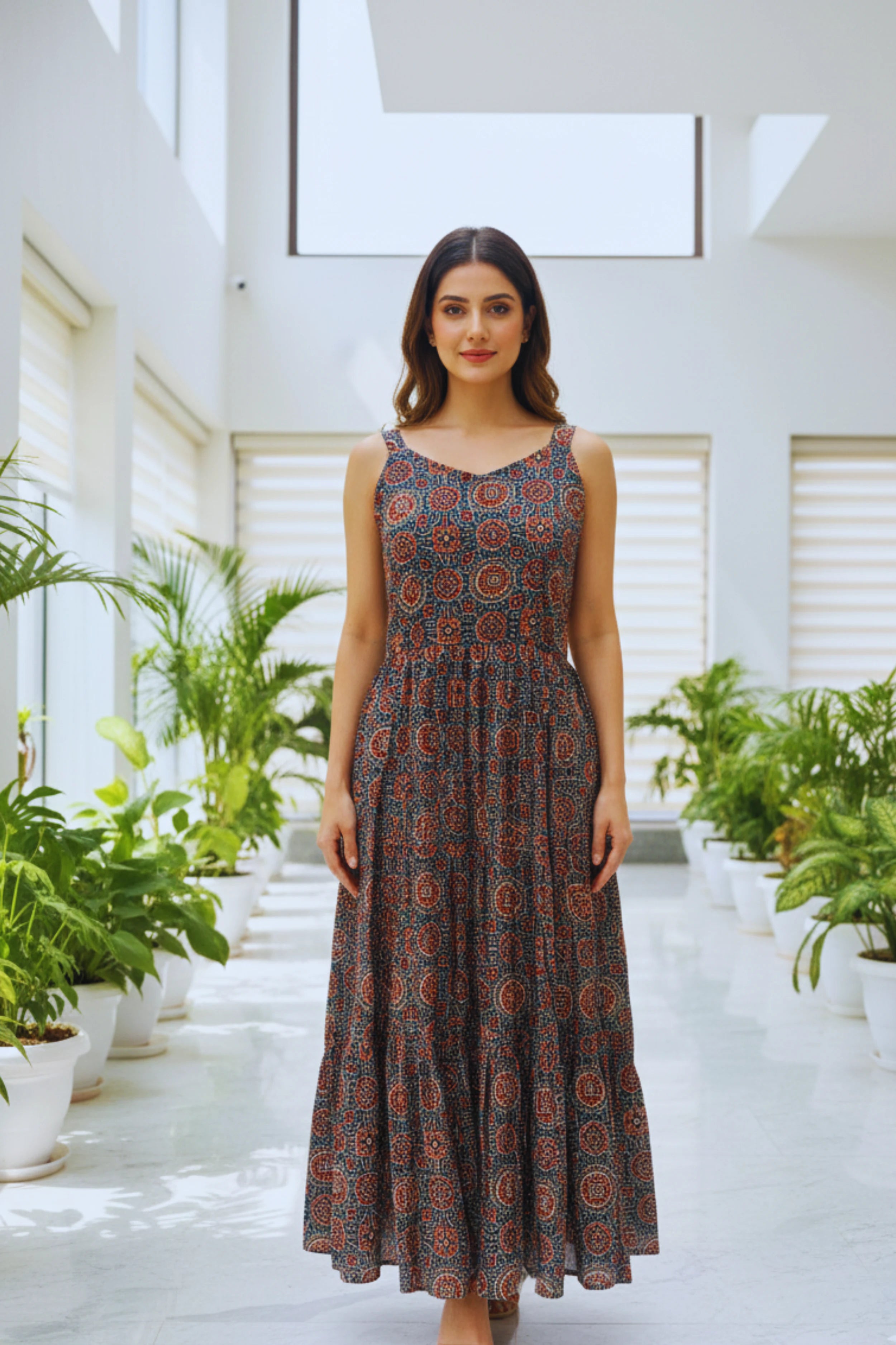 Indigo Ajrak Printed cotton Sleeveless Flared Dress