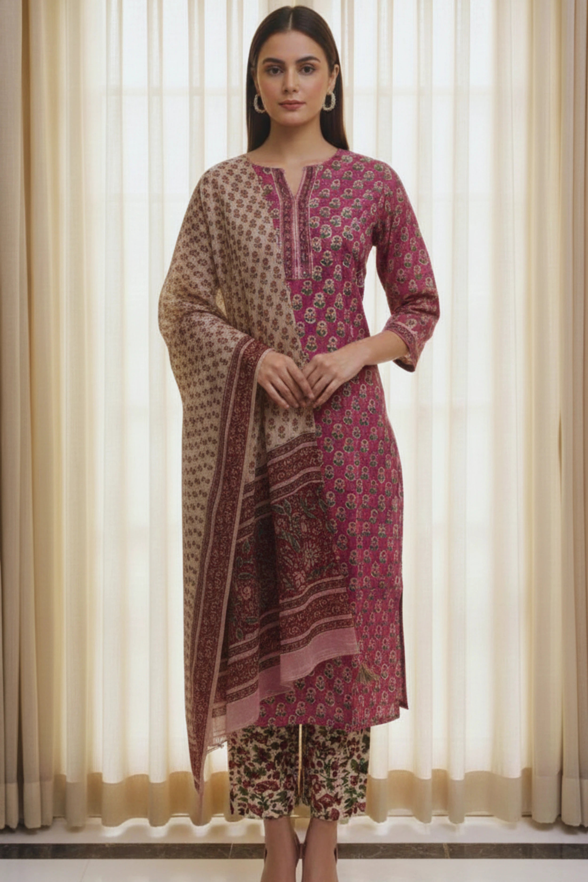 Rust Hand Block Printed Straight cotton Kurta Set With Dupatta