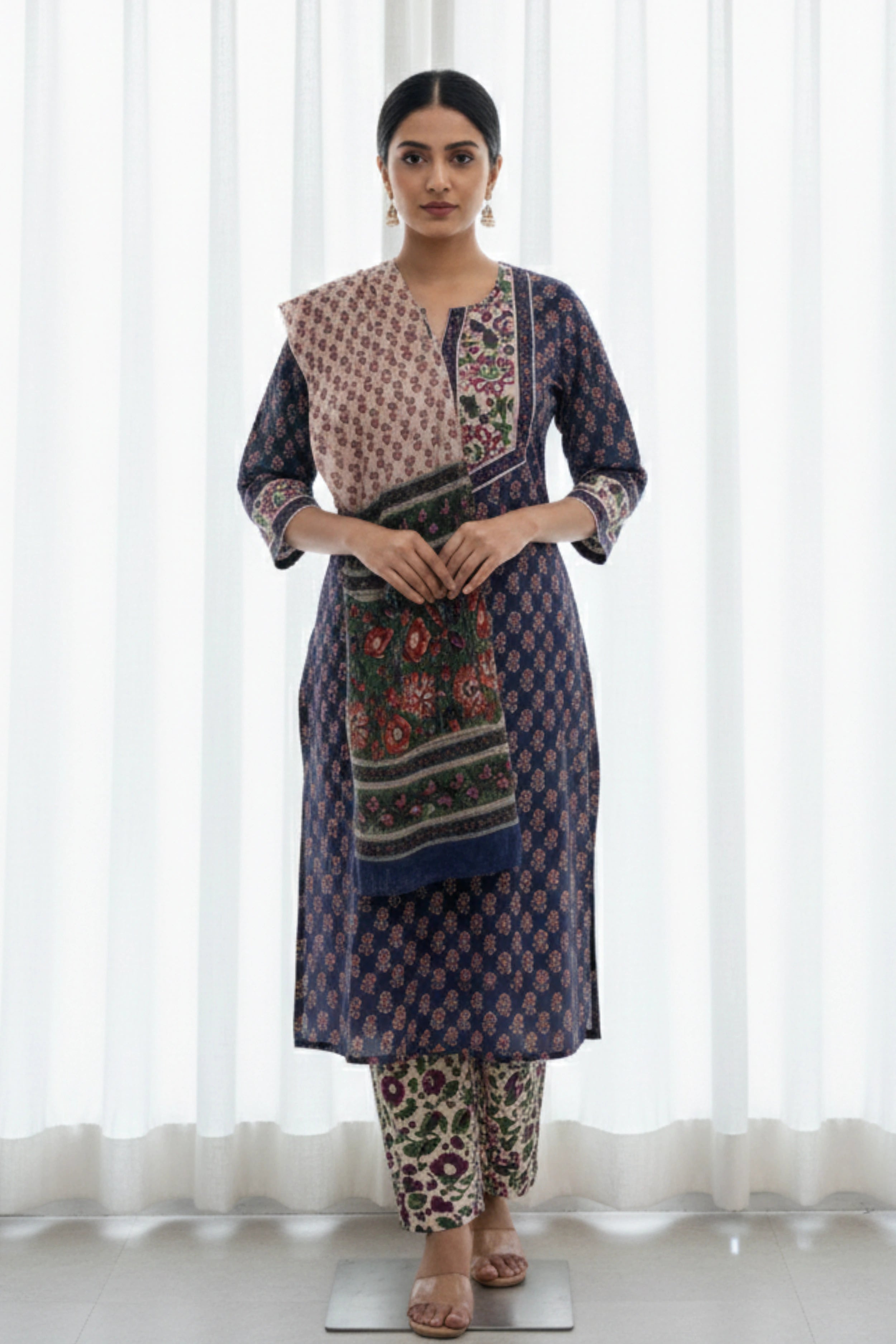 Royal Blue Hand Block Printed  Straight Kurta Set with Chiffon Dupatta