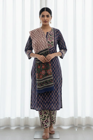 Royal Blue Hand Block Printed  Straight Kurta Set with Chiffon Dupatta