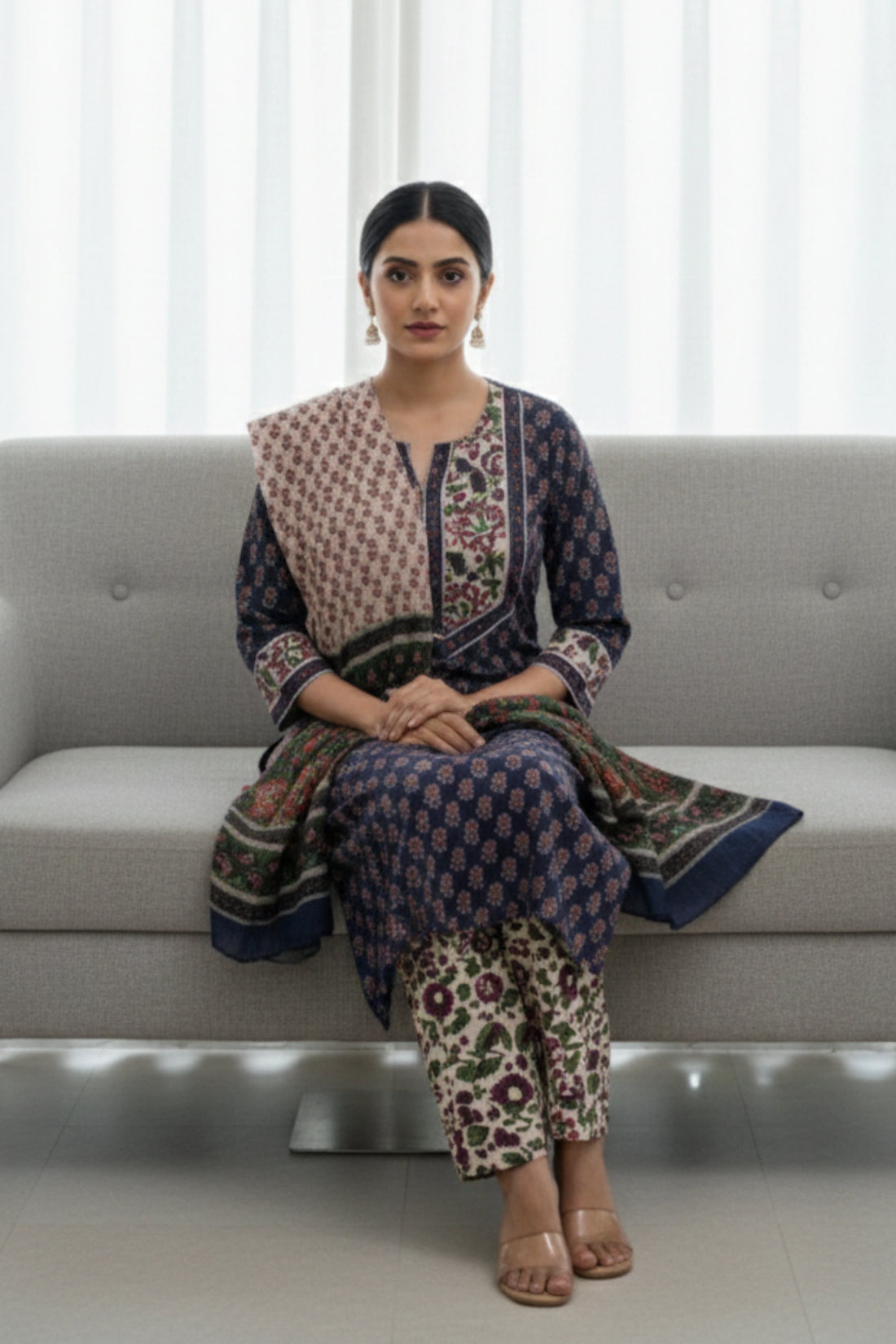 Royal Blue Hand Block Printed  Straight Kurta Set with Chiffon Dupatta