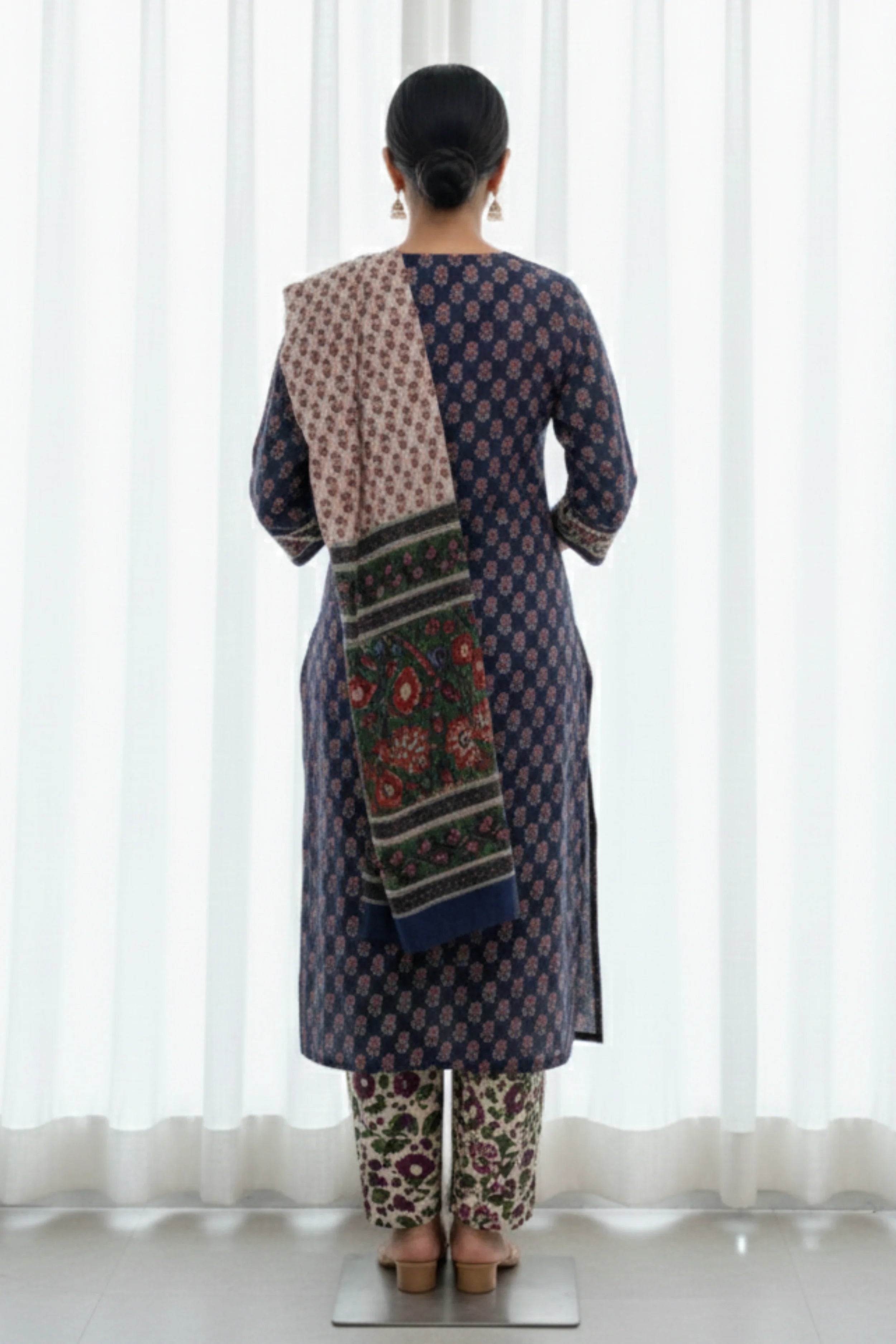 Royal Blue Hand Block Printed  Straight Kurta Set with Chiffon Dupatta