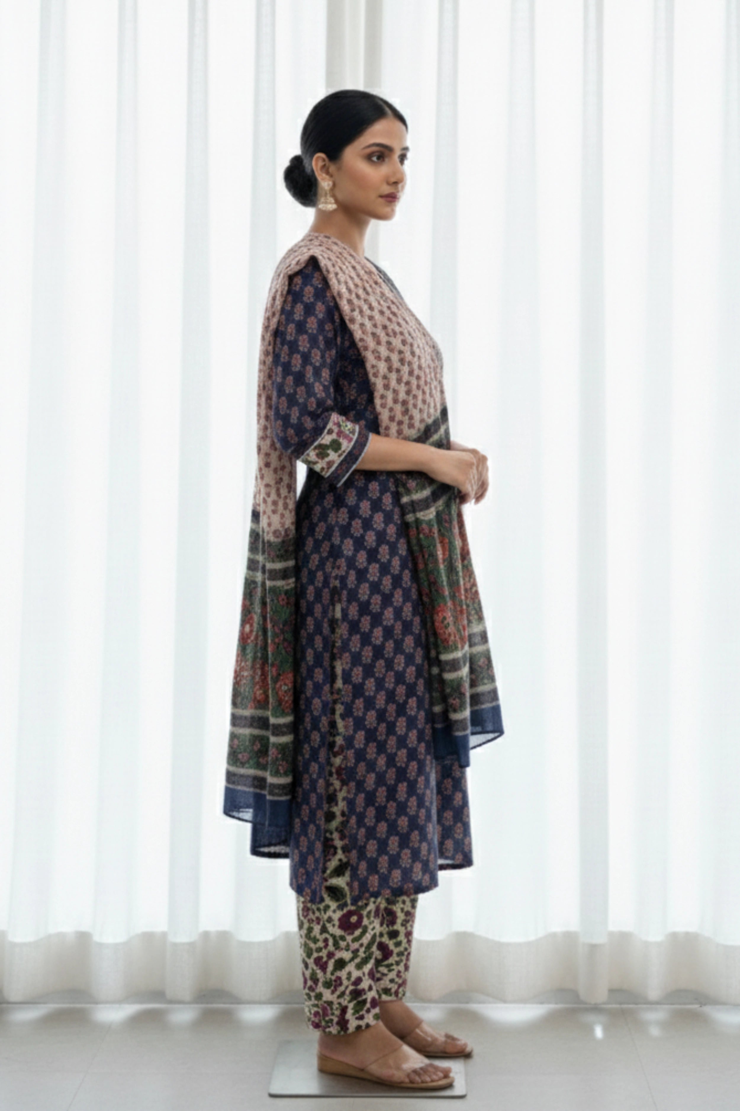 Royal Blue Hand Block Printed  Straight Kurta Set with Chiffon Dupatta