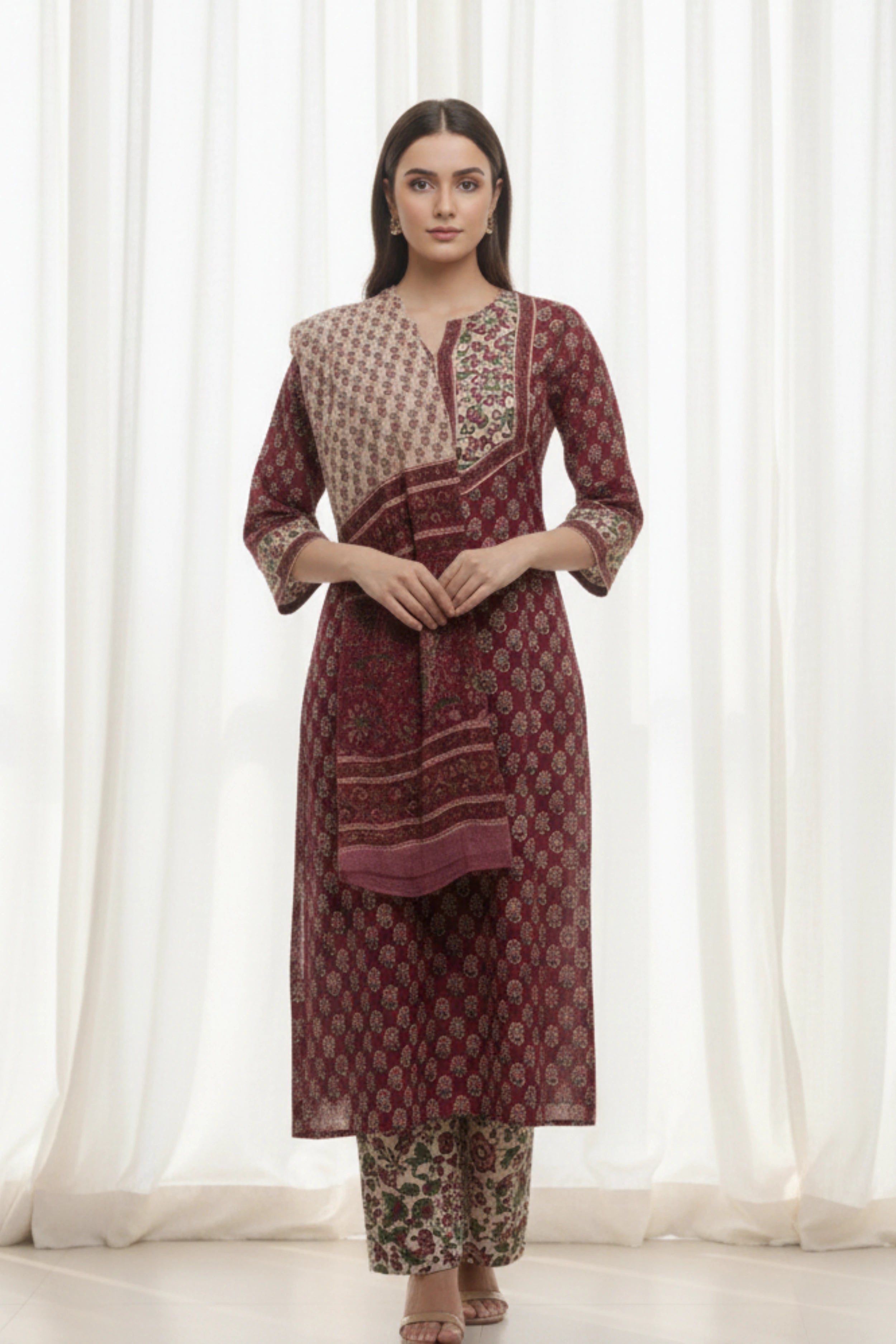 Maroon Straight Kurta Set with Chiffon Dupatta