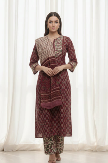 Maroon Straight Kurta Set with Chiffon Dupatta