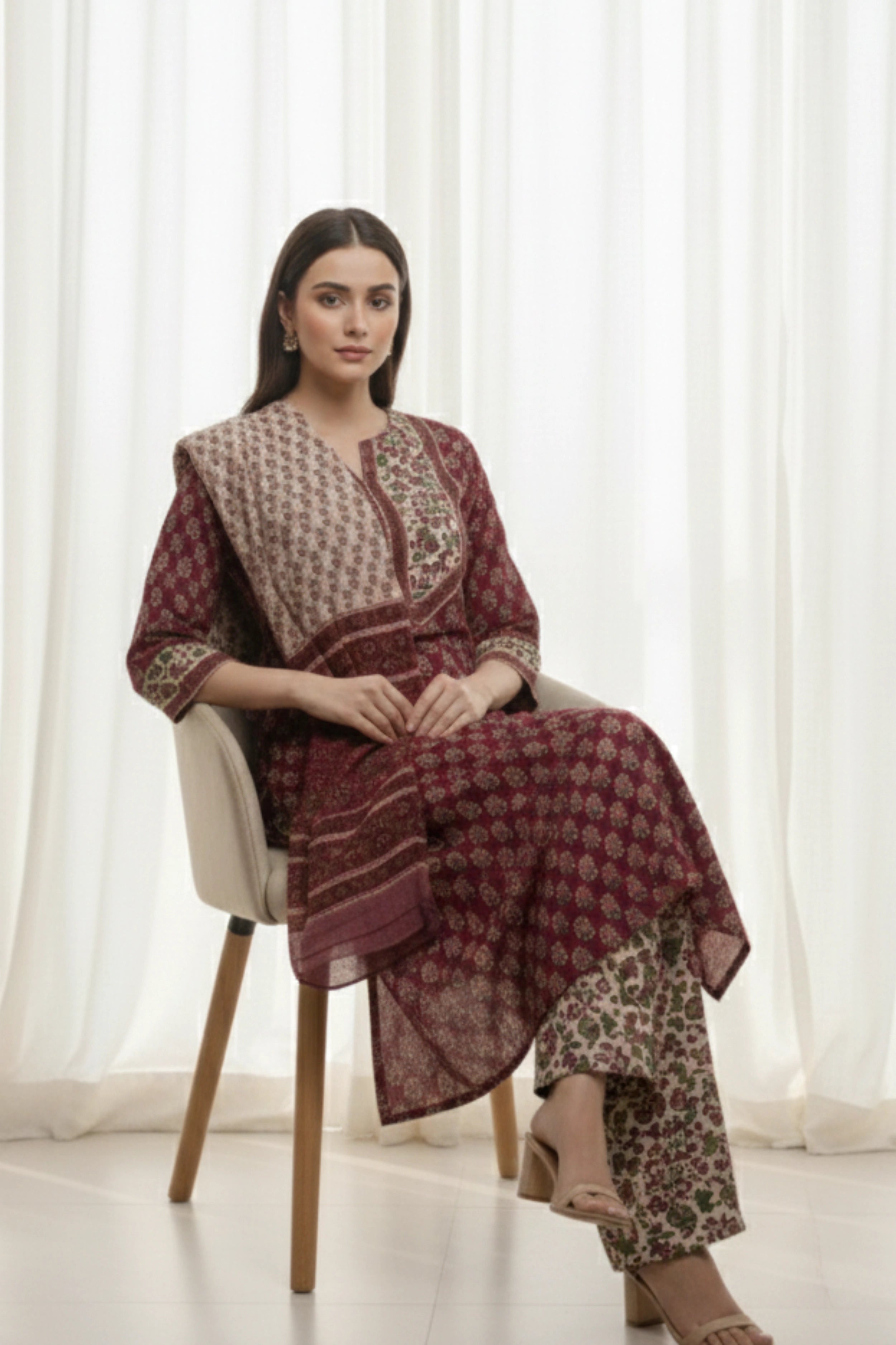 Maroon Straight Kurta Set with Chiffon Dupatta