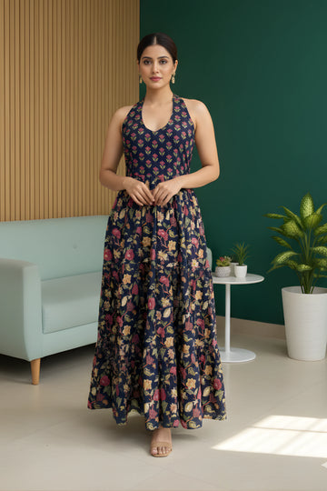 Blue Floral Hand Printed Halter Maxi Dress