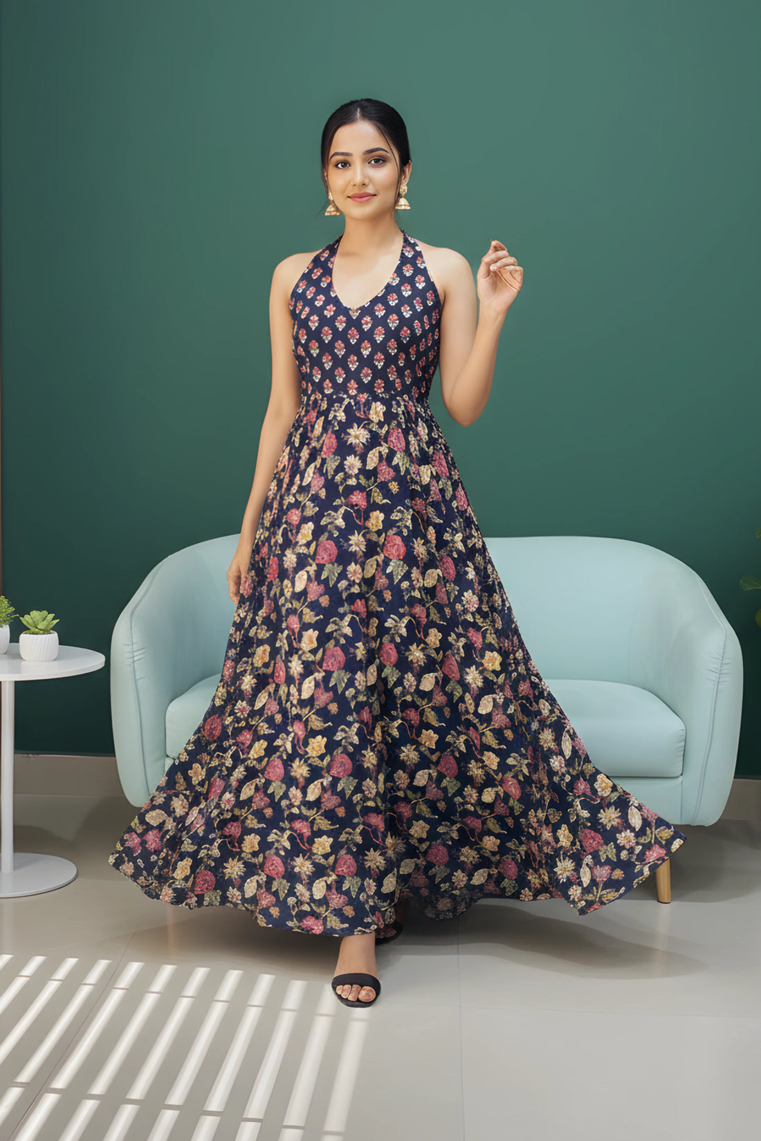 Blue Floral Hand Printed Halter Maxi Dress