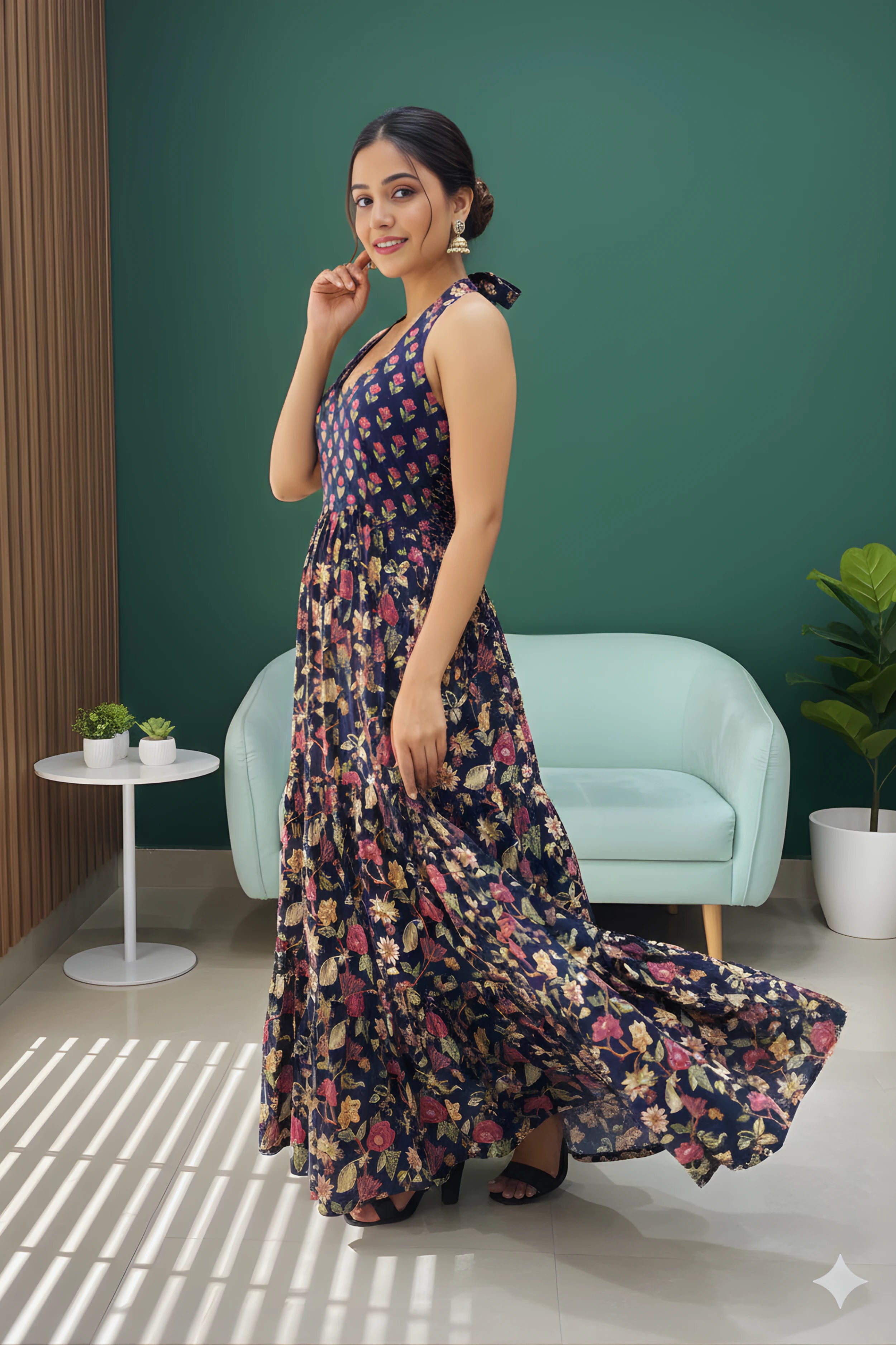 Blue Floral Hand Printed Halter Maxi Dress