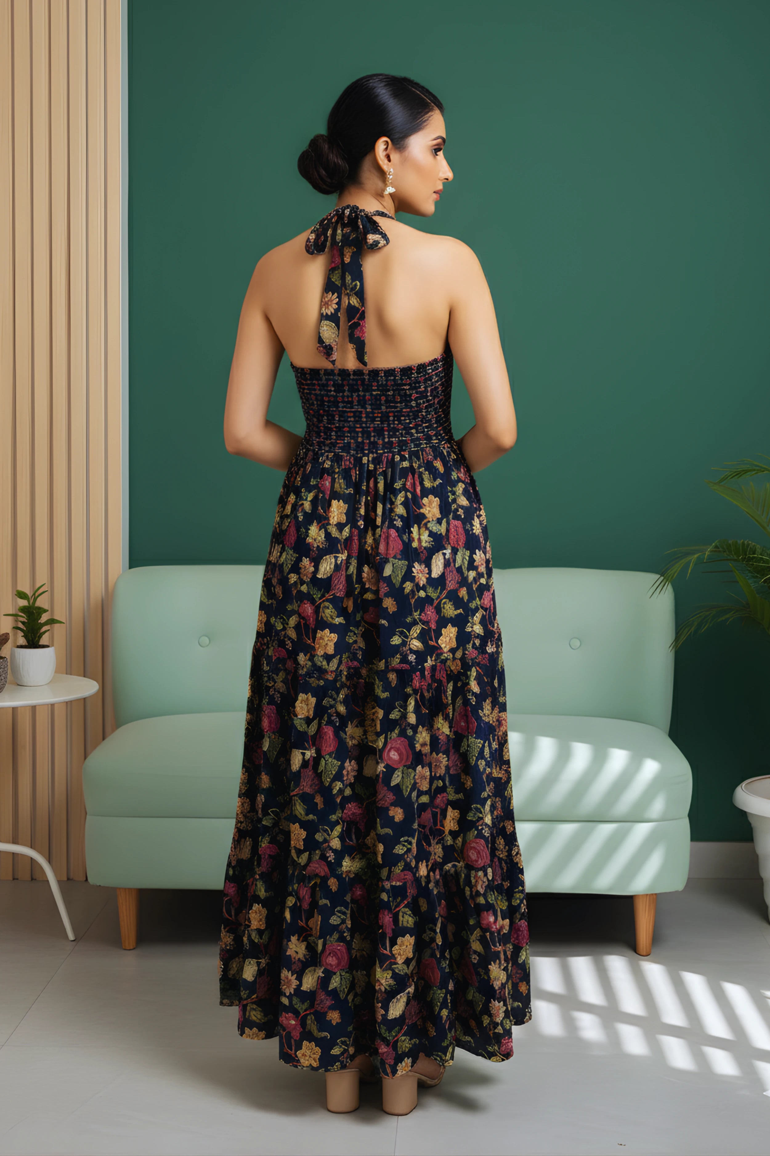 Blue Floral Hand Printed Halter Maxi Dress