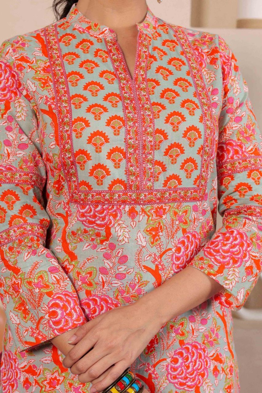 Light Green Hand Block Printed Straight cotton Kurta