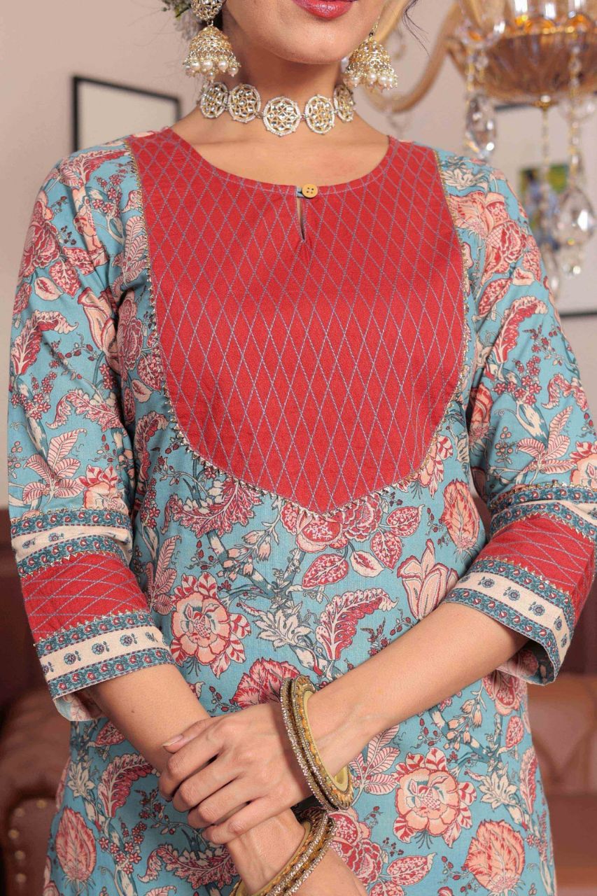 Light Blue Floral Printed Gotta Thread Work Kurta with Trouser – Gulab ...