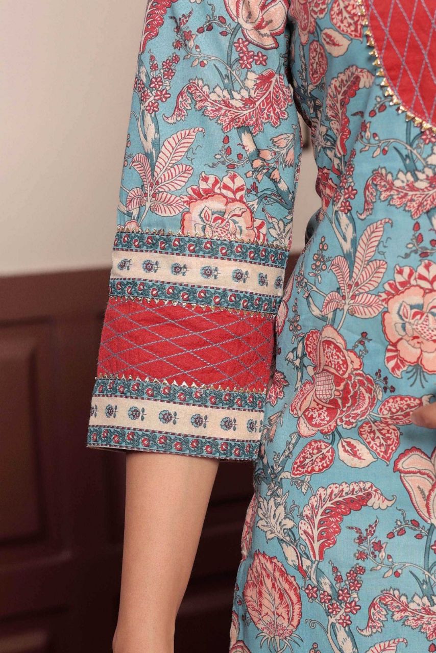 Light Blue Floral Printed Gotta Thread Work Kurta with Trouser – Gulab ...