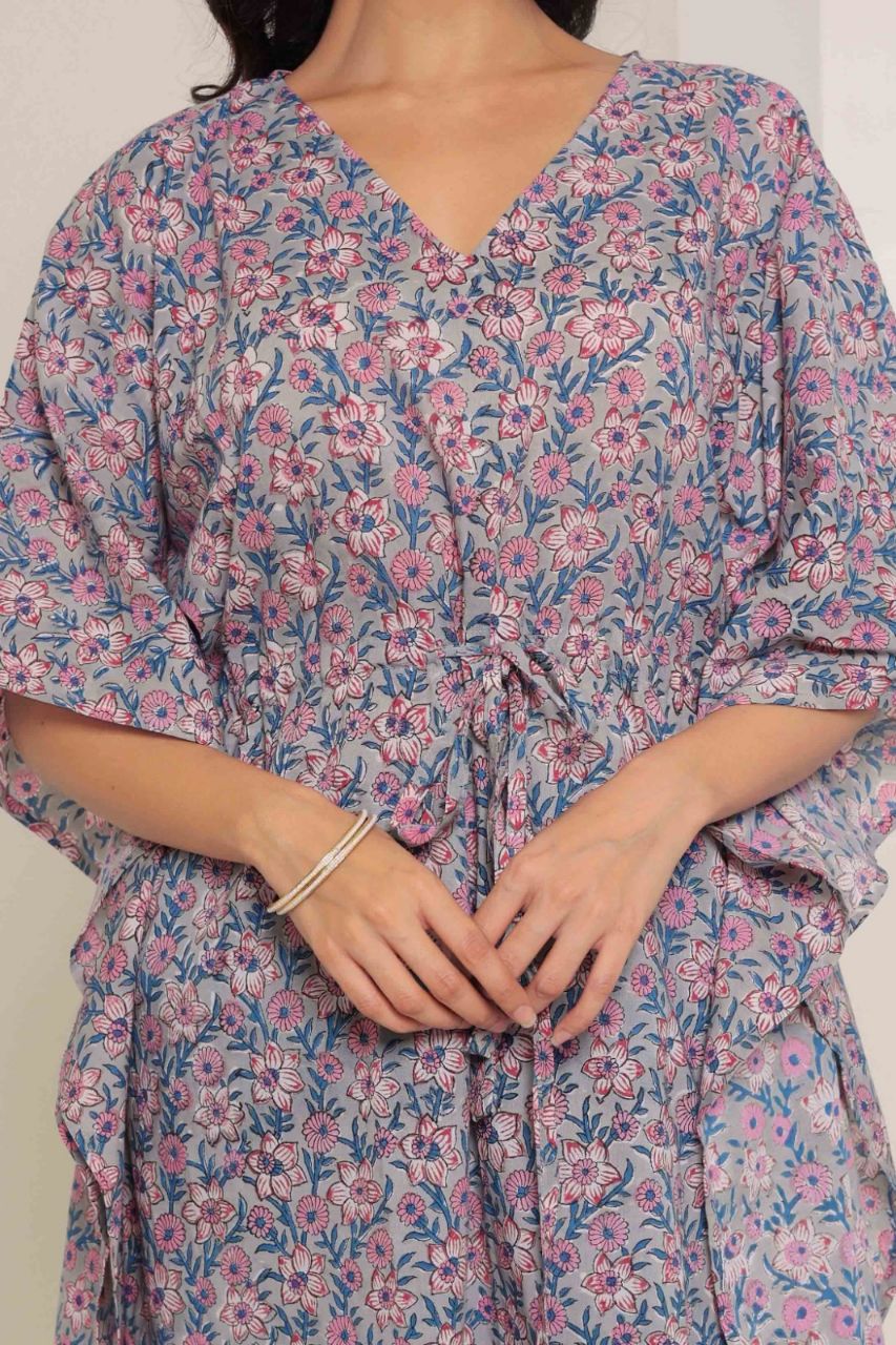 Grey Printed Cotton Kimono sleeves kaftan top