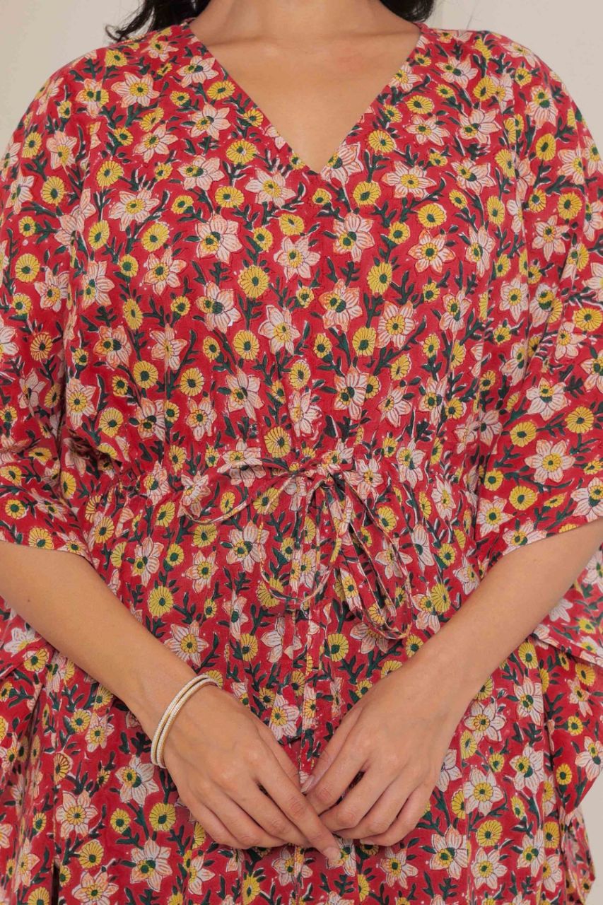 Dark Red Printed Cotton Kimono sleeves kaftan top