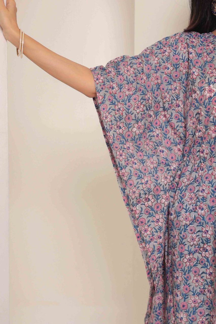 Grey Printed Cotton Kimono sleeves kaftan top