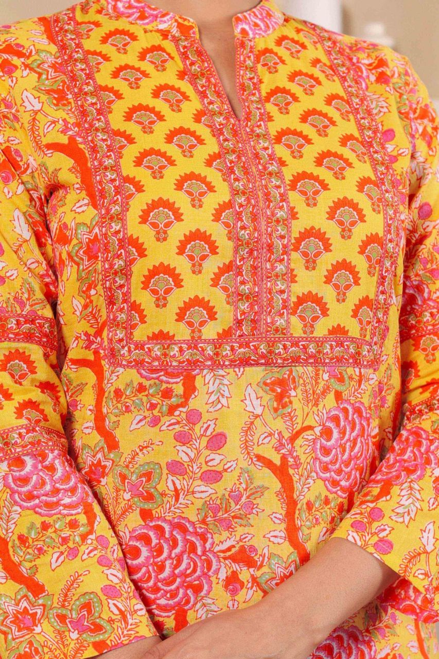 Light Yellow Hand Block Printed Straight cotton Kurta