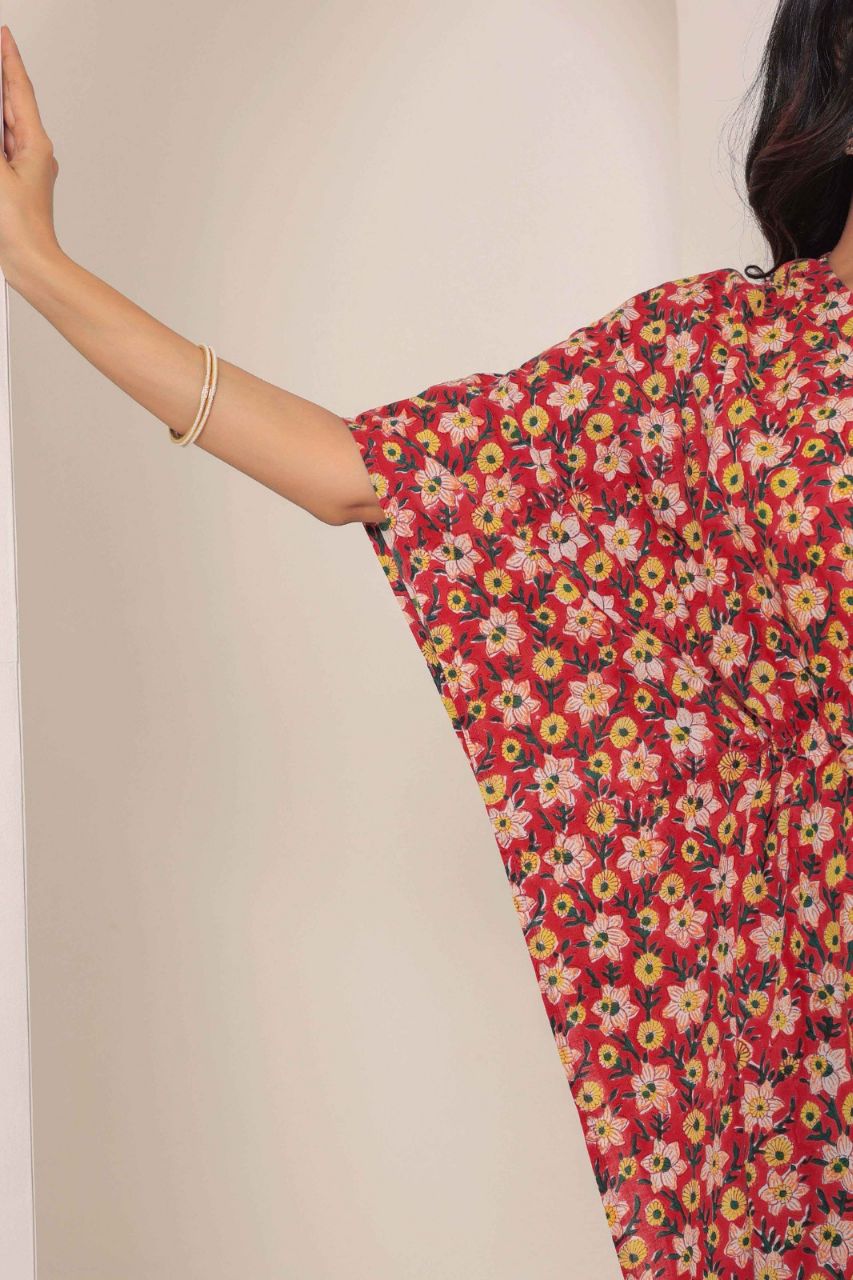 Dark Red Printed Cotton Kimono sleeves kaftan top