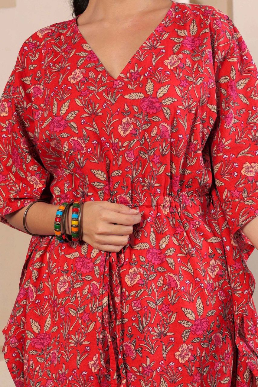 Red Printed Cotton Kimono sleeves kaftan top
