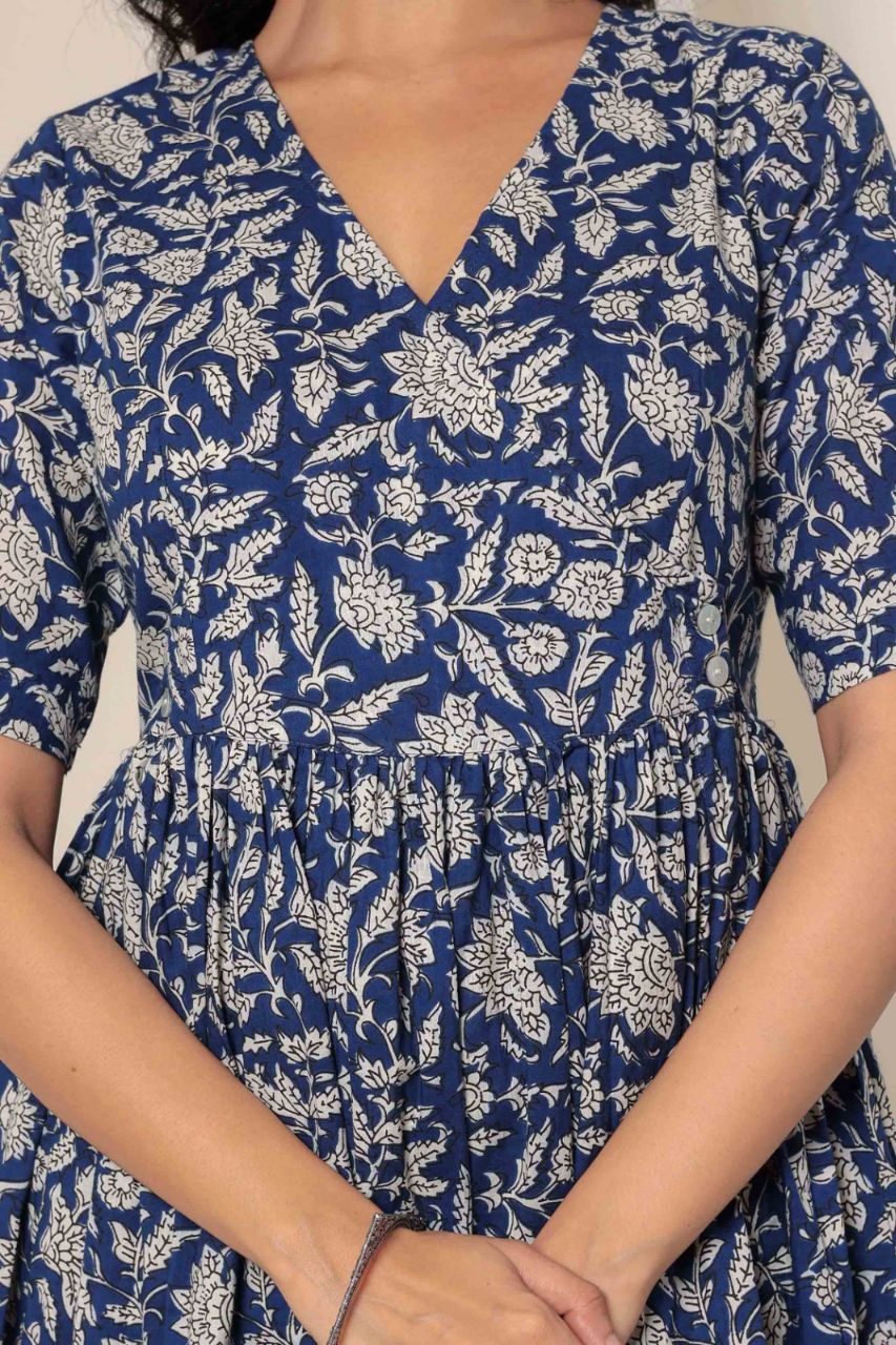 Blue Floral Block Printed V-Neck Dress With Flared Hem & Pleated Sleeves