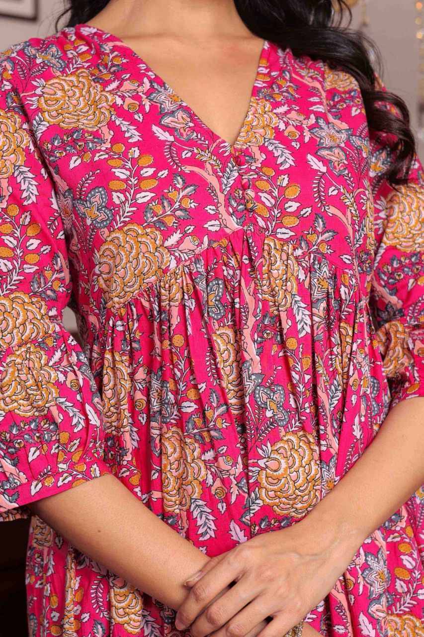 Pink Block Printed V-Neck Dress With Flared Hem & Pleated Sleeves