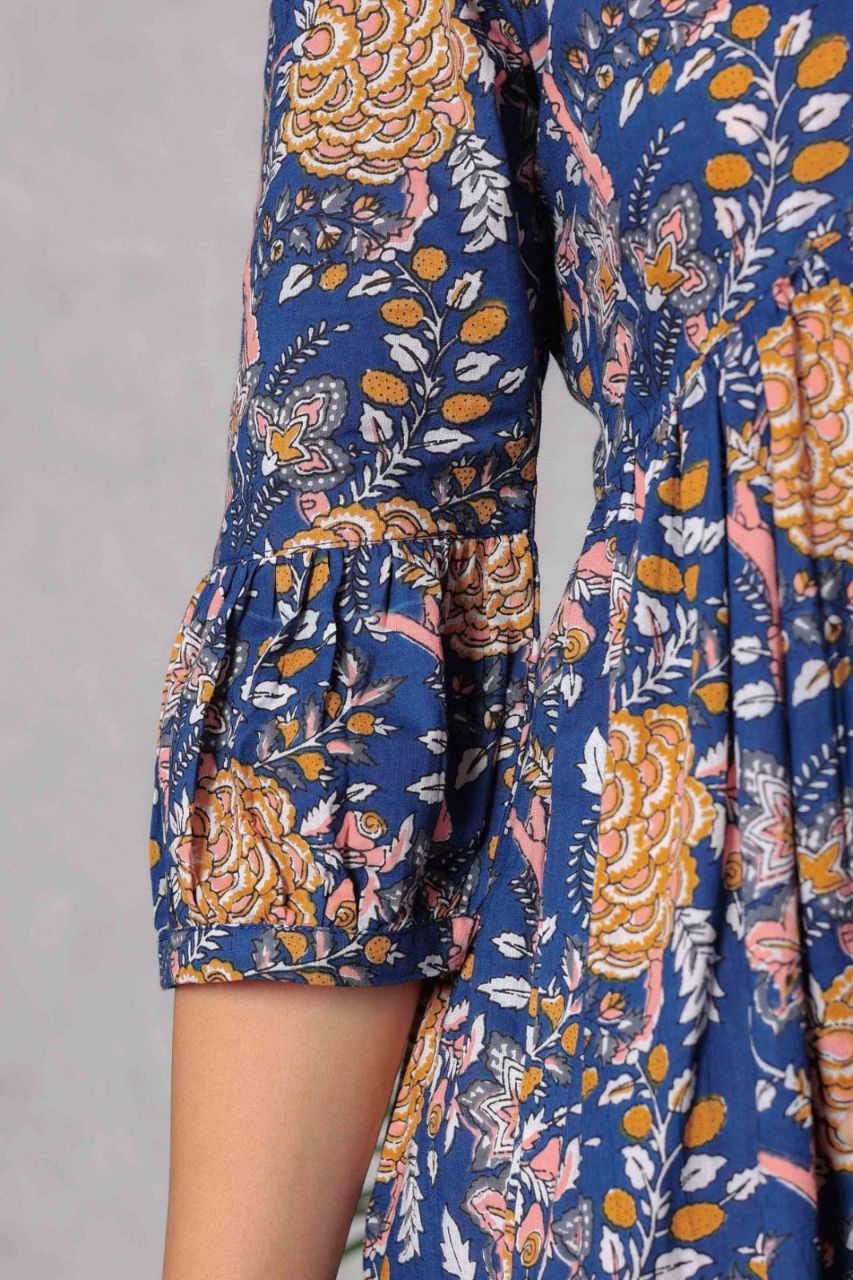 Blue Block Printed V-Neck Dress With Flared Hem & Pleated Sleeves