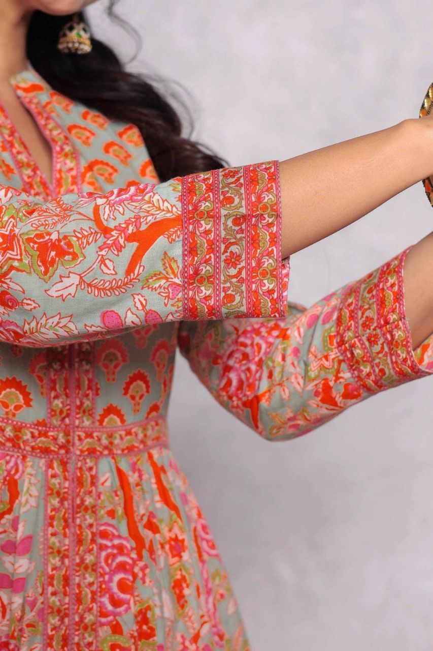 Light Green Anarkali Cotton Hand Block Printed Ethnic Maxi Dress