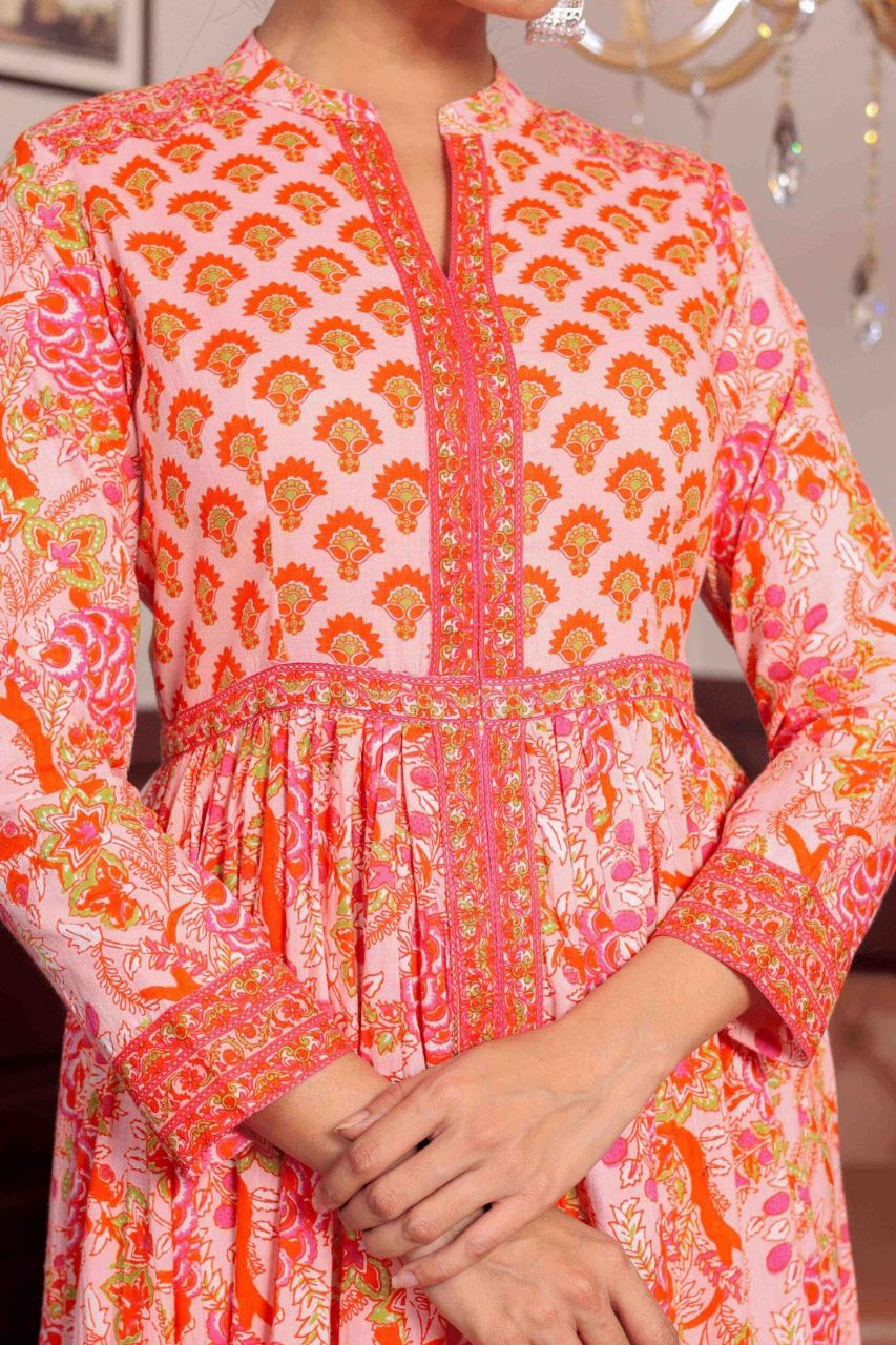 Light Pink Anarkali Cotton Hand Block Printed Ethnic Maxi Dress