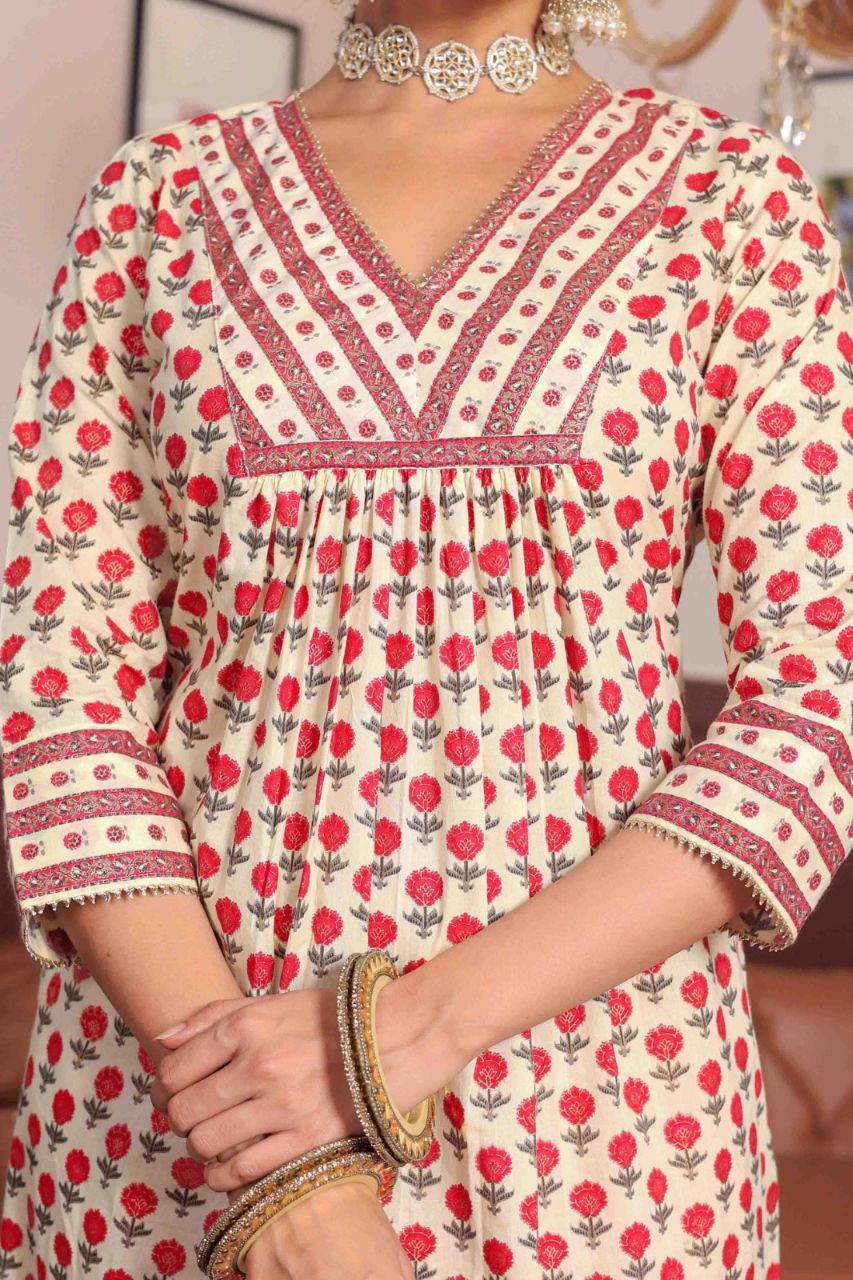 Pink Printed cotton kurta highlighted with gotta lace with trouser