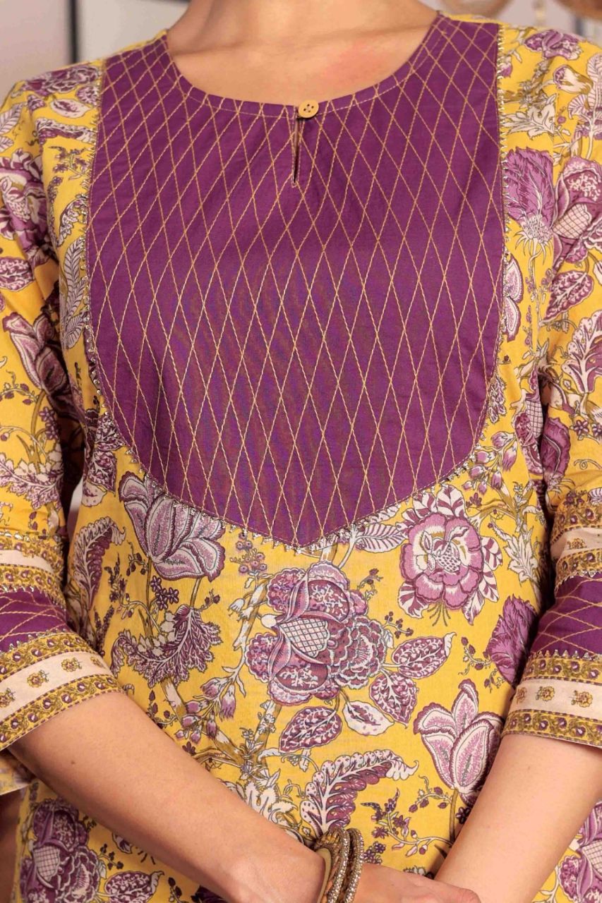 Yellow Floral Printed Gotta Thread Work Kurta with Trouser