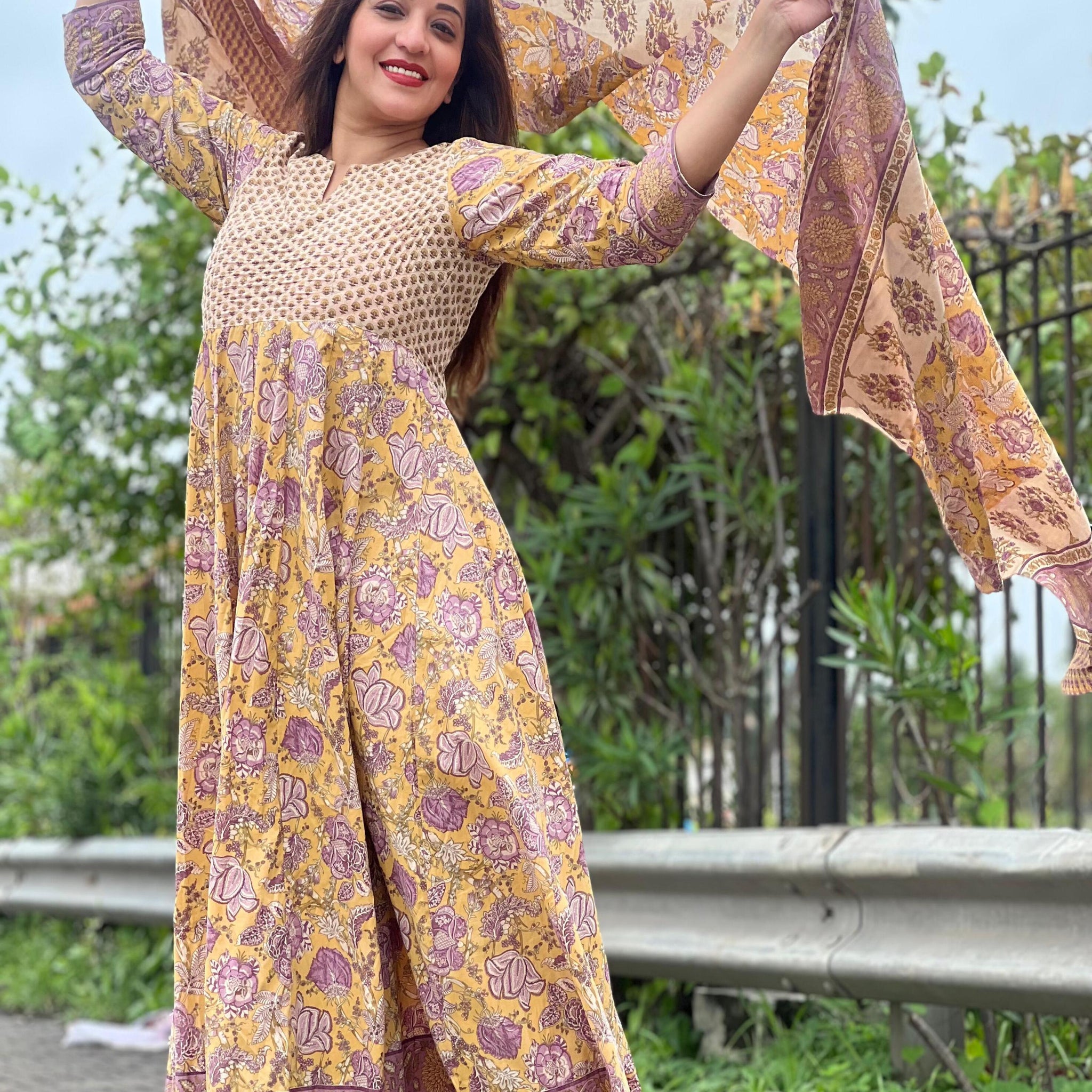 Yellow Floral Hand Printed Anarkali Kurta Set with Dupatta
