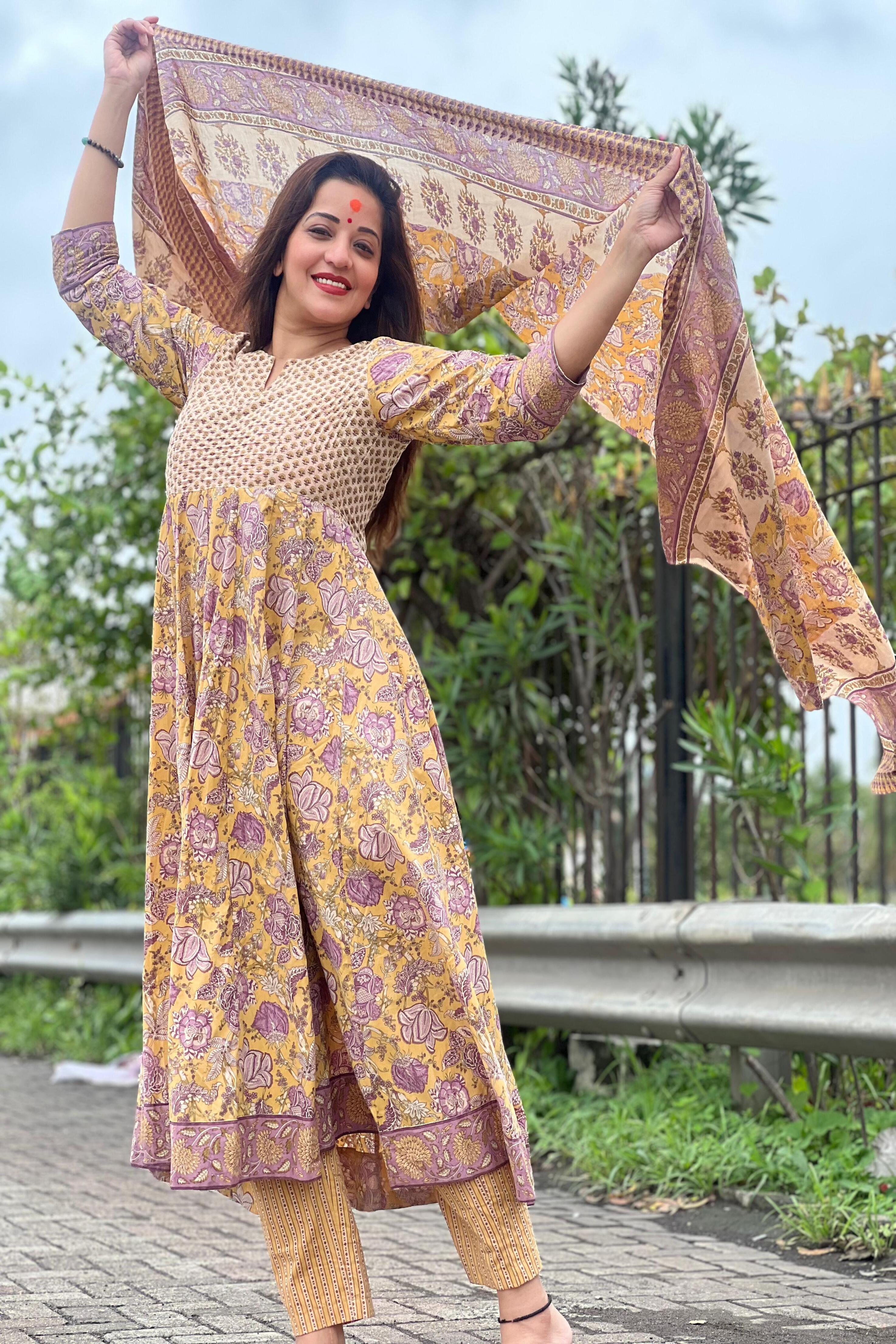 Yellow Floral Hand Printed Anarkali Kurta Set with Dupatta