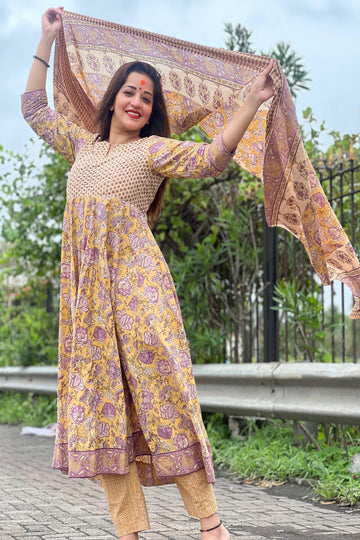 Yellow Floral Hand Printed Anarkali Kurta Set with Dupatta
