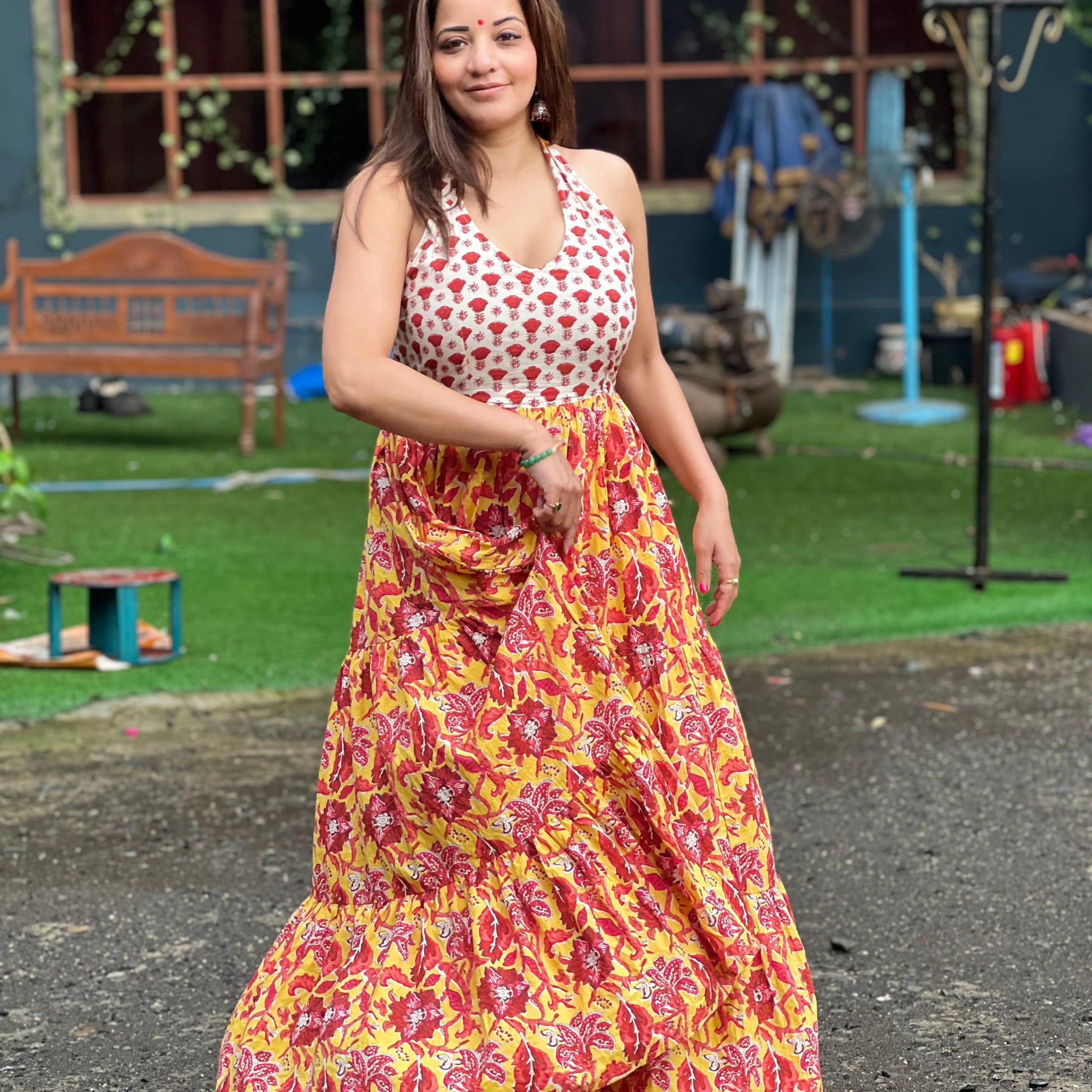 Mustard Floral Hand Printed Halter Maxi Dress