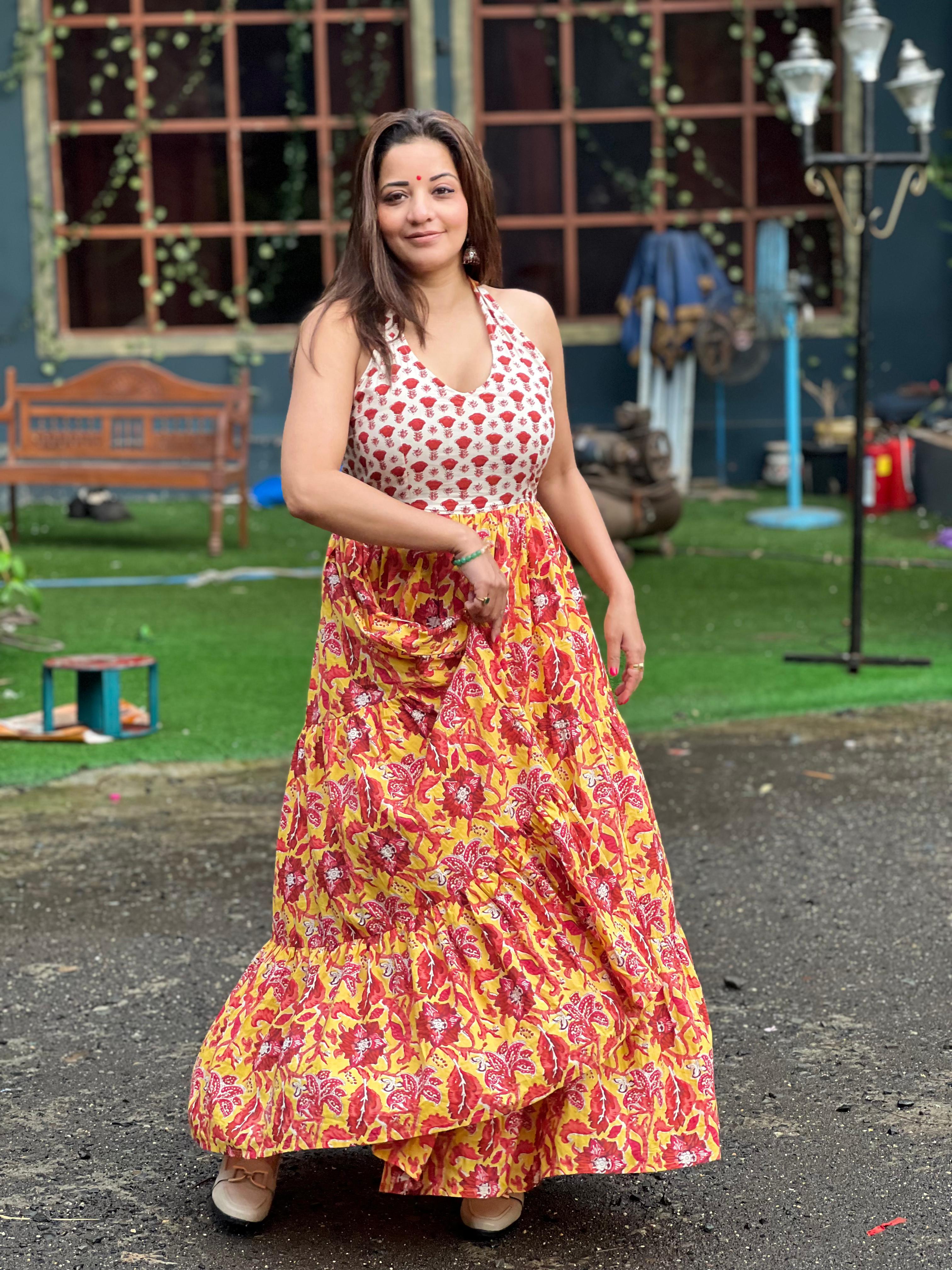 Mustard Floral Hand Printed Halter Maxi Dress