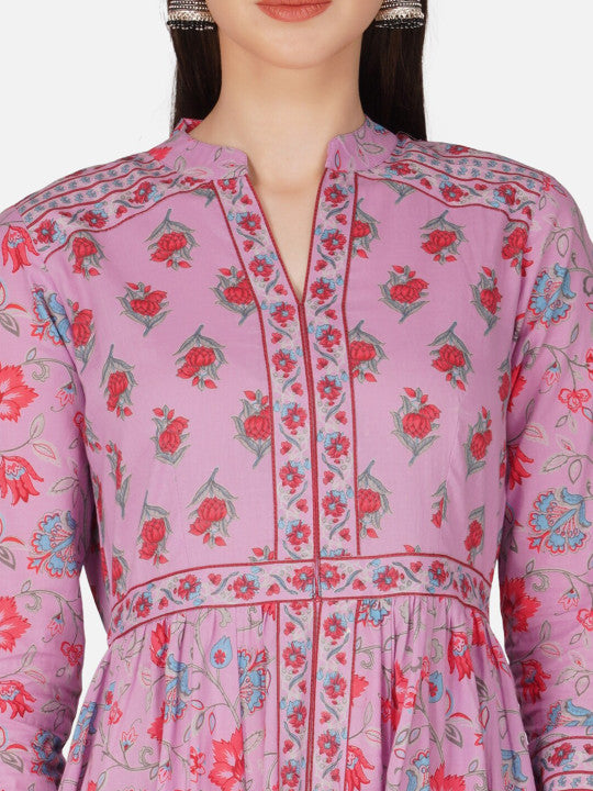 Purple Anarkali Cotton Hand Block Printed Ethnic Maxi Dress