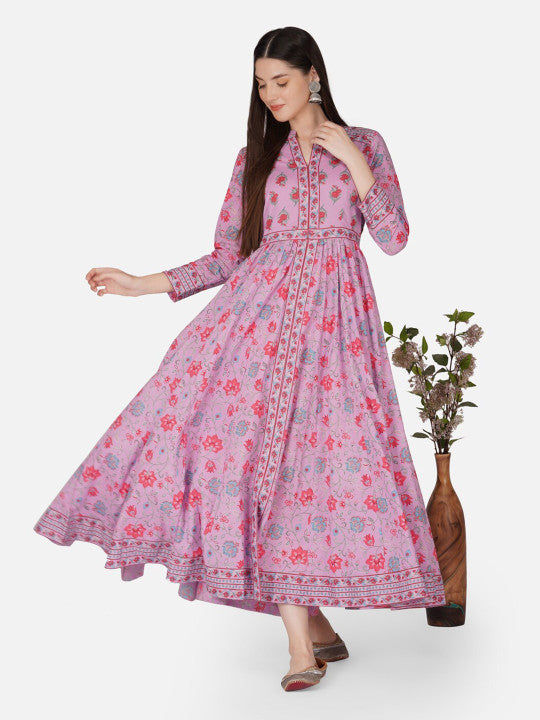 Purple Anarkali Cotton Hand Block Printed Ethnic Maxi Dress