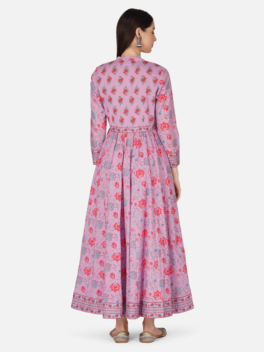 Purple Anarkali Cotton Hand Block Printed Ethnic Maxi Dress